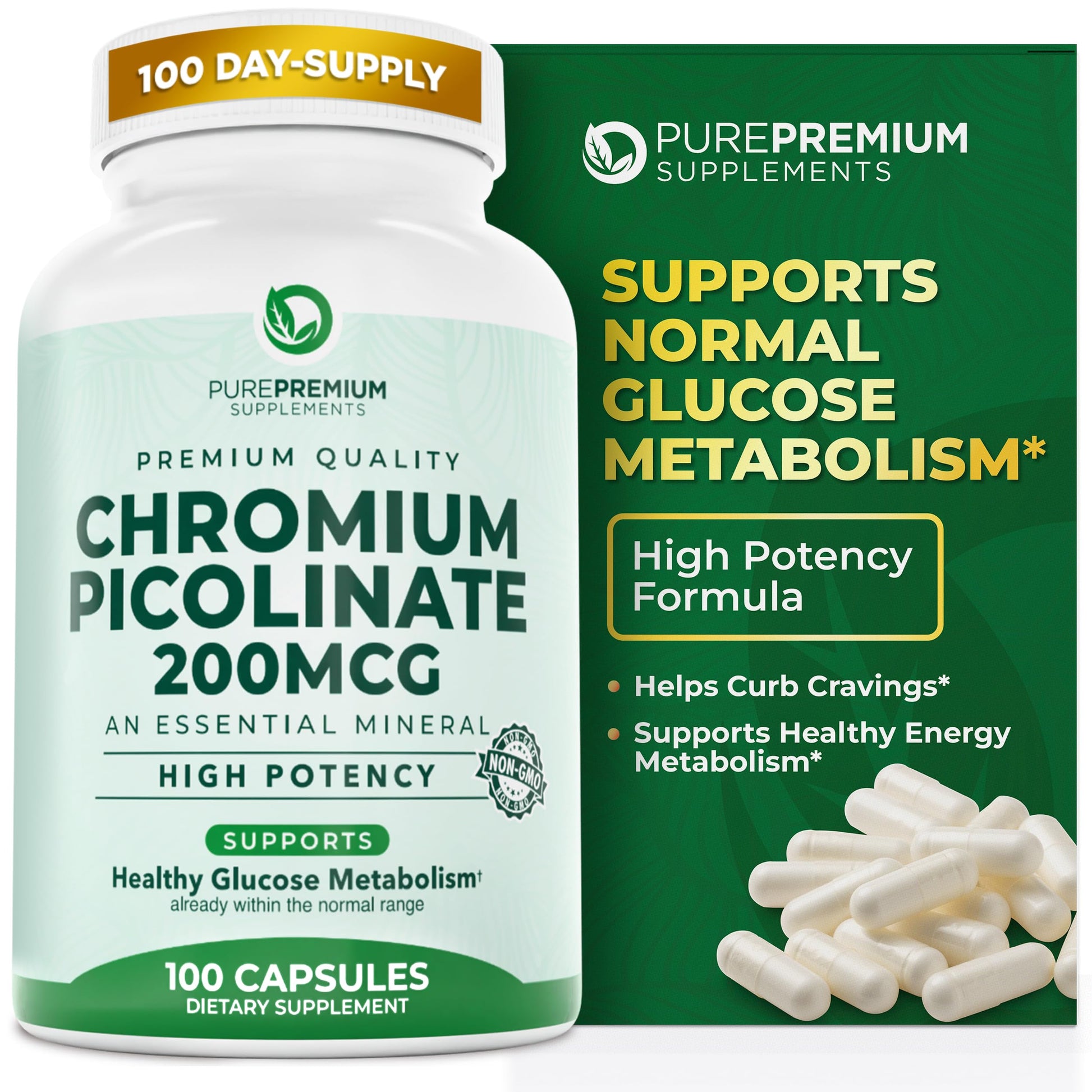 PurePremium Supplements Chromium Picolinate 200mcg Capsules, 100 Count