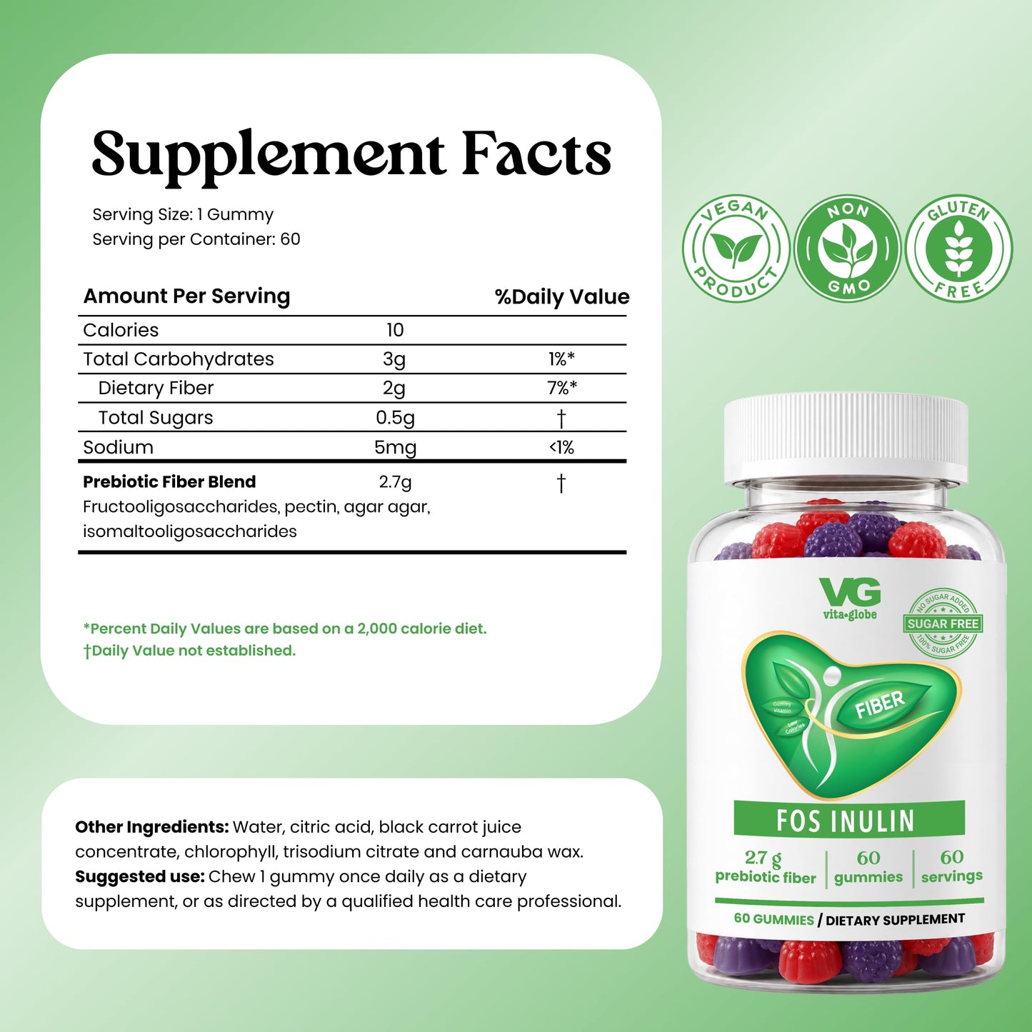 VITA GLOBE Prebiotic Fiber Gummies with FOS Inulin, Sugar Free, Non-GMO 60 Gummies