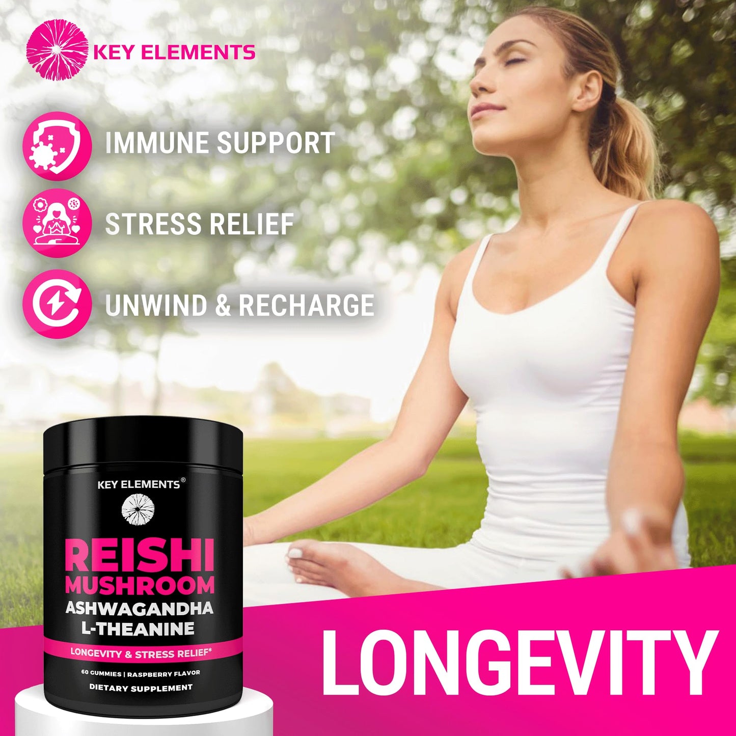 KEY ELEMENTS Natural Reishi Mushroom Gummies with L-Theanine & Ashwagandha, 60 Count