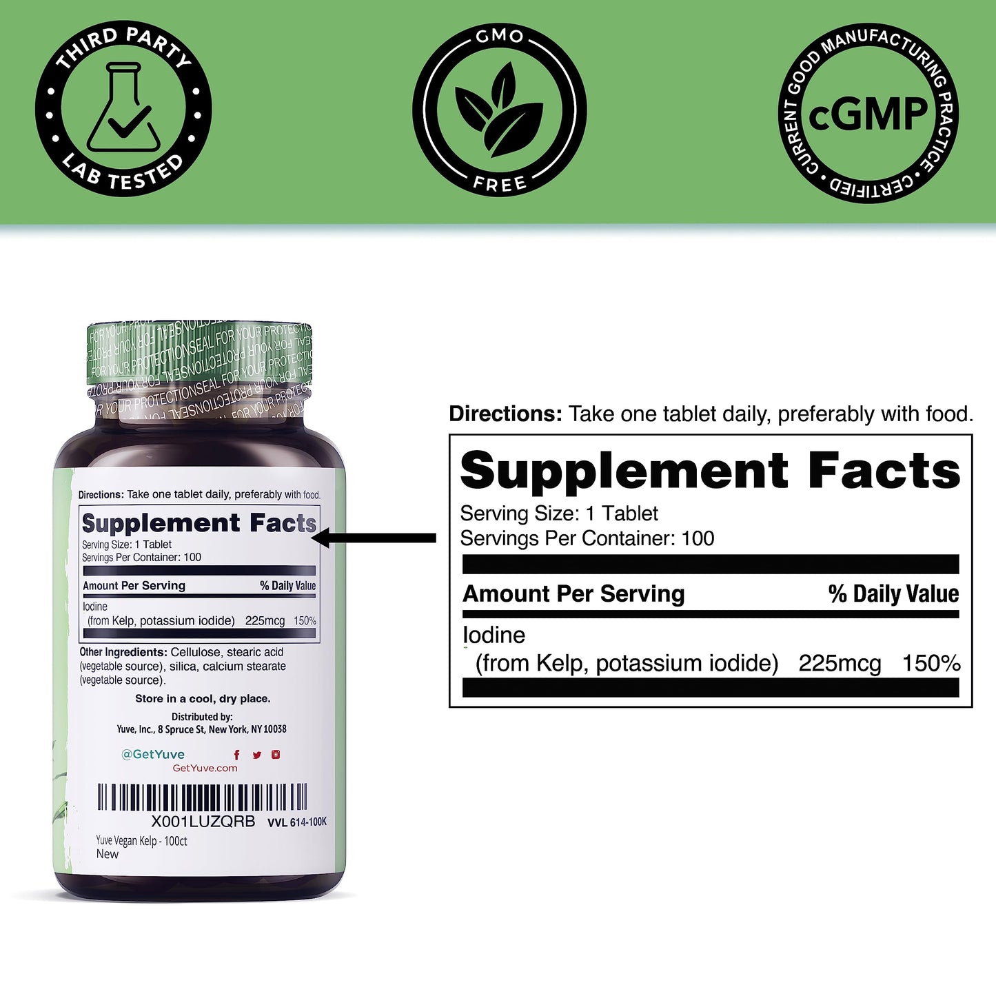 Yuve Thyroid Support Iodine Supplement Tablets, 225mg, 100 Tablets