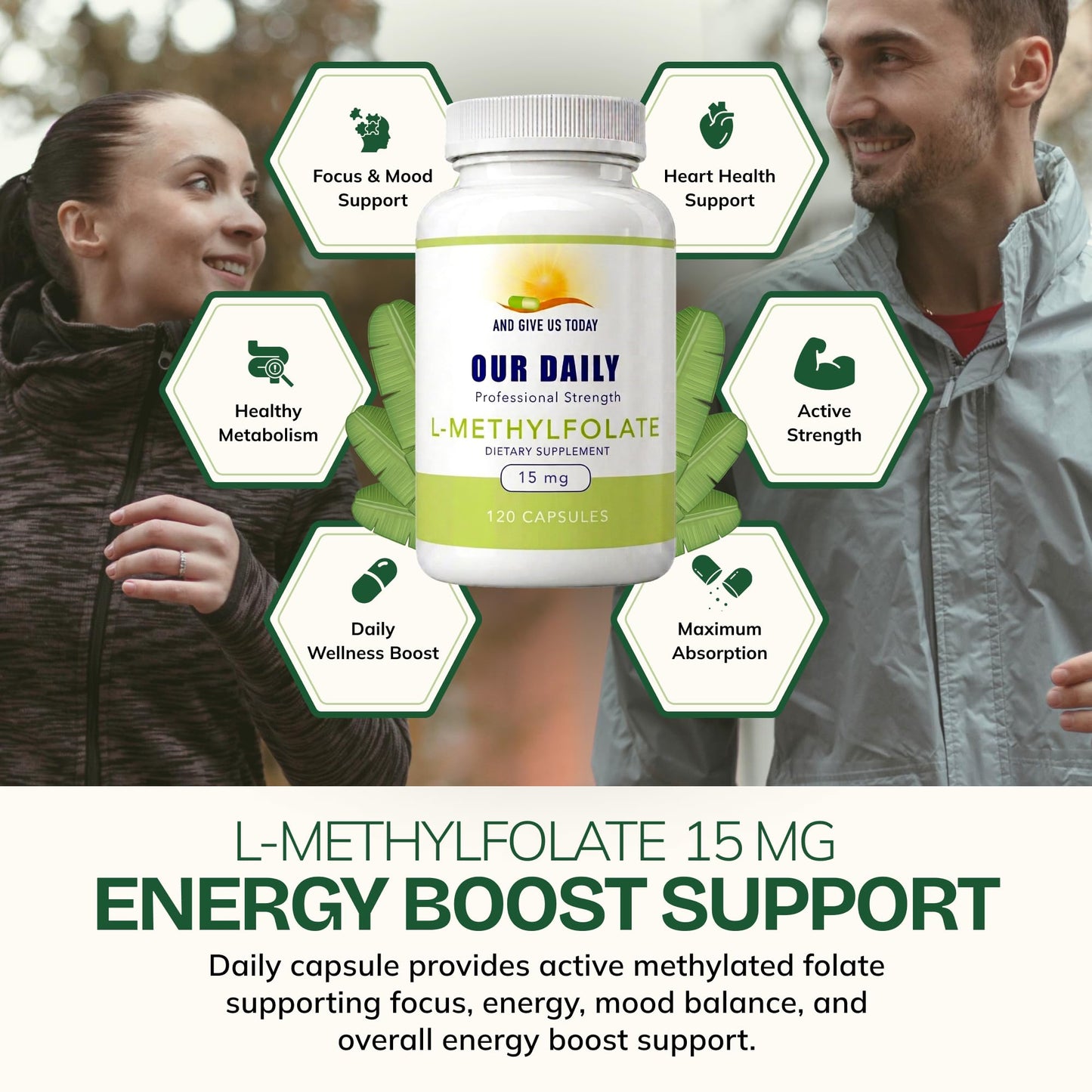 AND GIVE US TODAY OUR DAILY Our Daily Vites L Methylfolate 15mg – Active 5-MTHF Methylated Folate Supplement for Women & Men – Methyl Folate for Brain Health, Focus & Mood Support – Gluten Free, Non-GMO, 120 Capsules