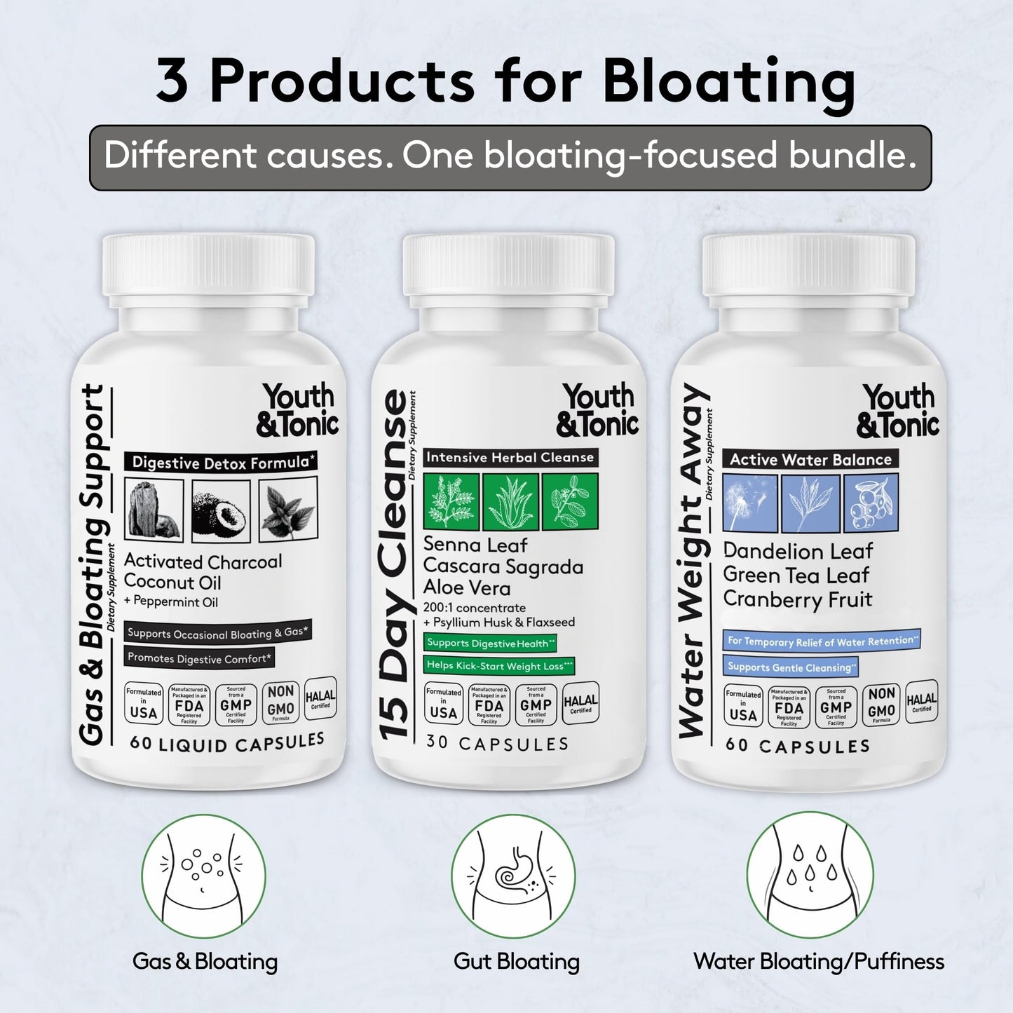Youth & Tonic Belly Bloating Relief Capsules, 3-Pack