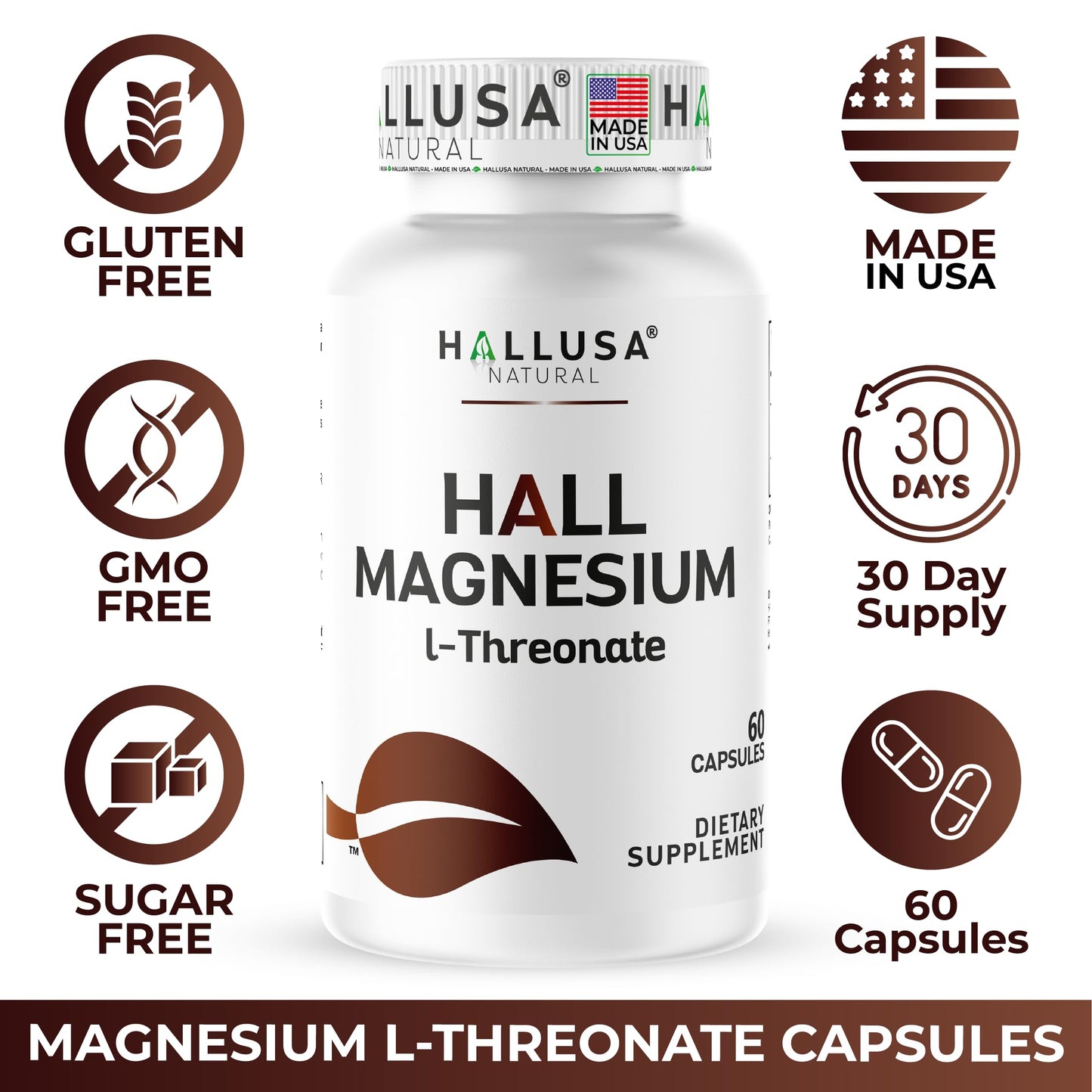 Hallusa Natural Magnesium L-Threonate 2000 mg 60 Capsules