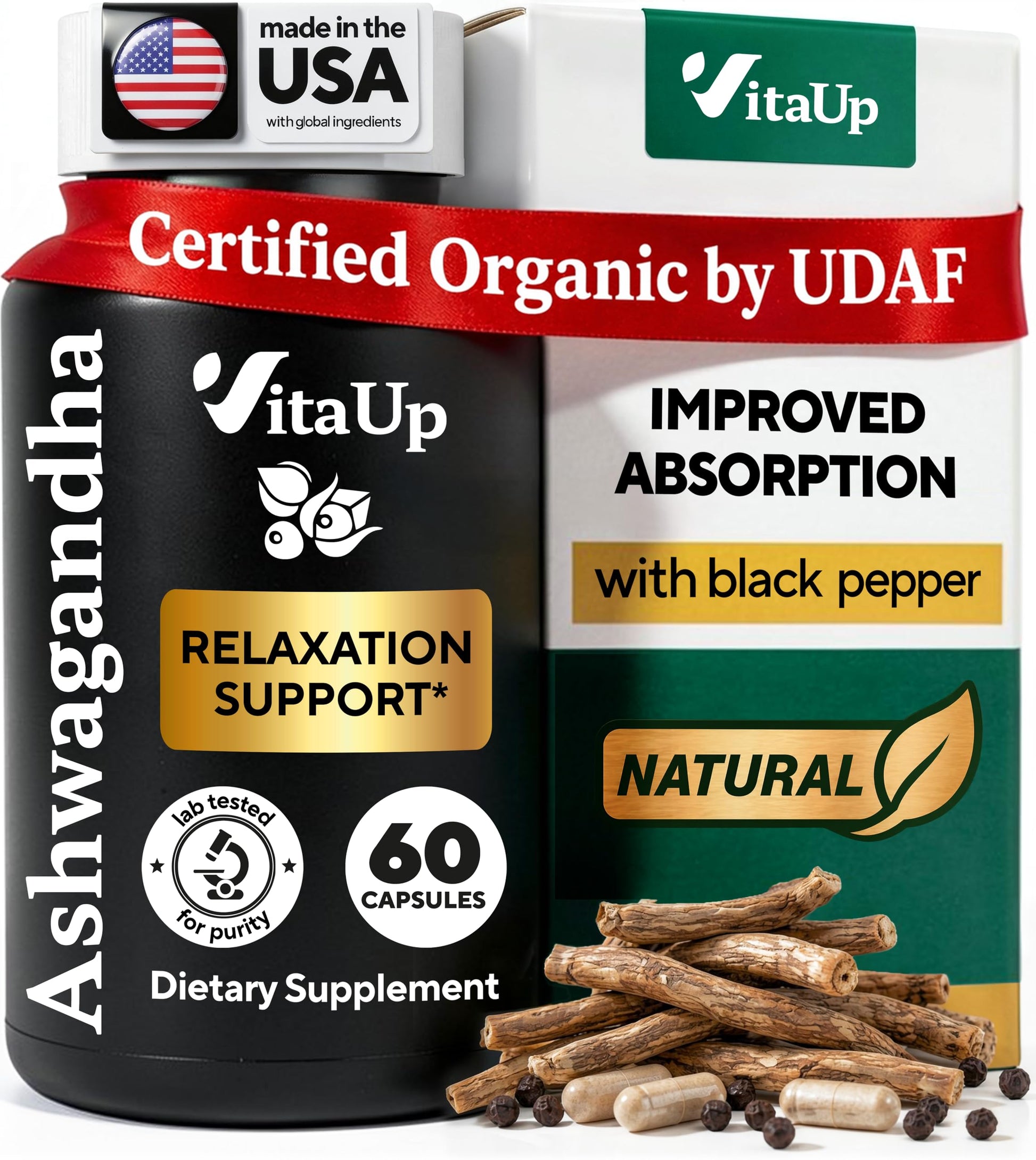 VitaUp Ashwagandha Capsules 1310mg with Black Pepper, 60 Capsules