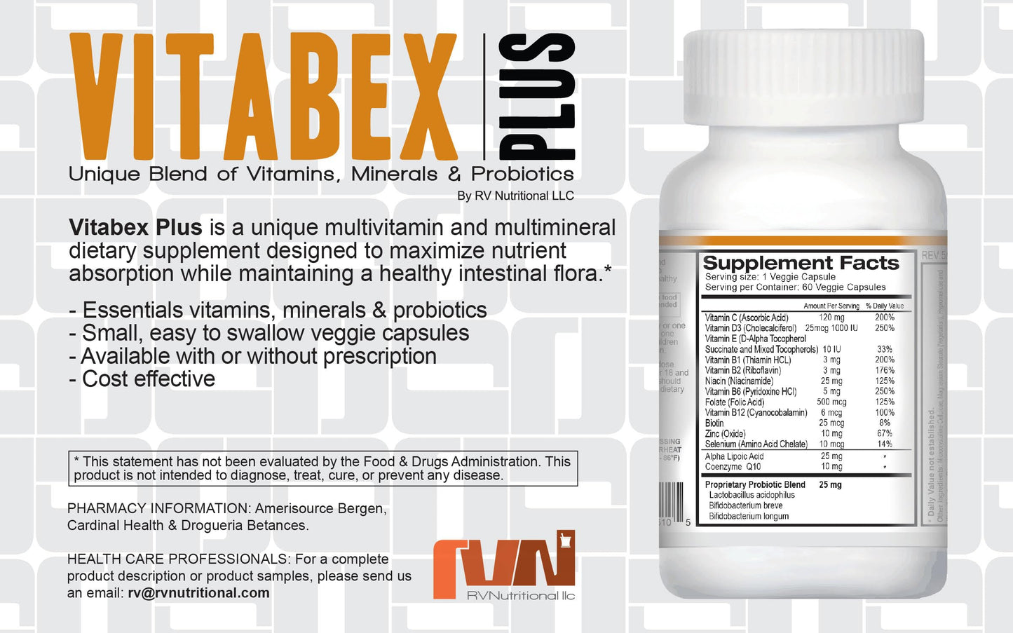 Vitabex Plus Multivitamin Probiotics Non-GMO Easy to Swallow 60 Veggie Capsules