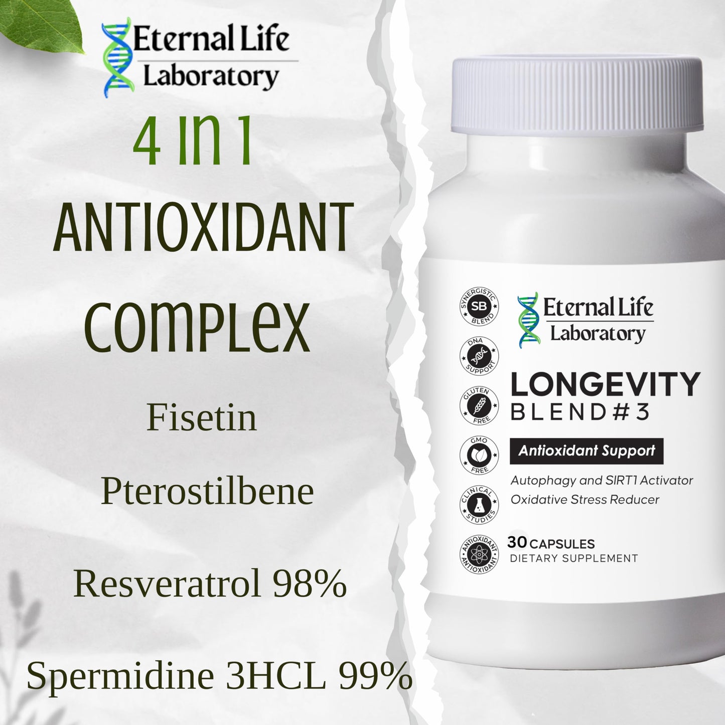 Eternal Life Laboratory Longevity Blend #3 Resveratrol 98% with Fisetin Pterostilbene Spermidine Anti Aging Oxidative Stress Reducer Antioxidant Supplement AMPK Activator 30 Capsules