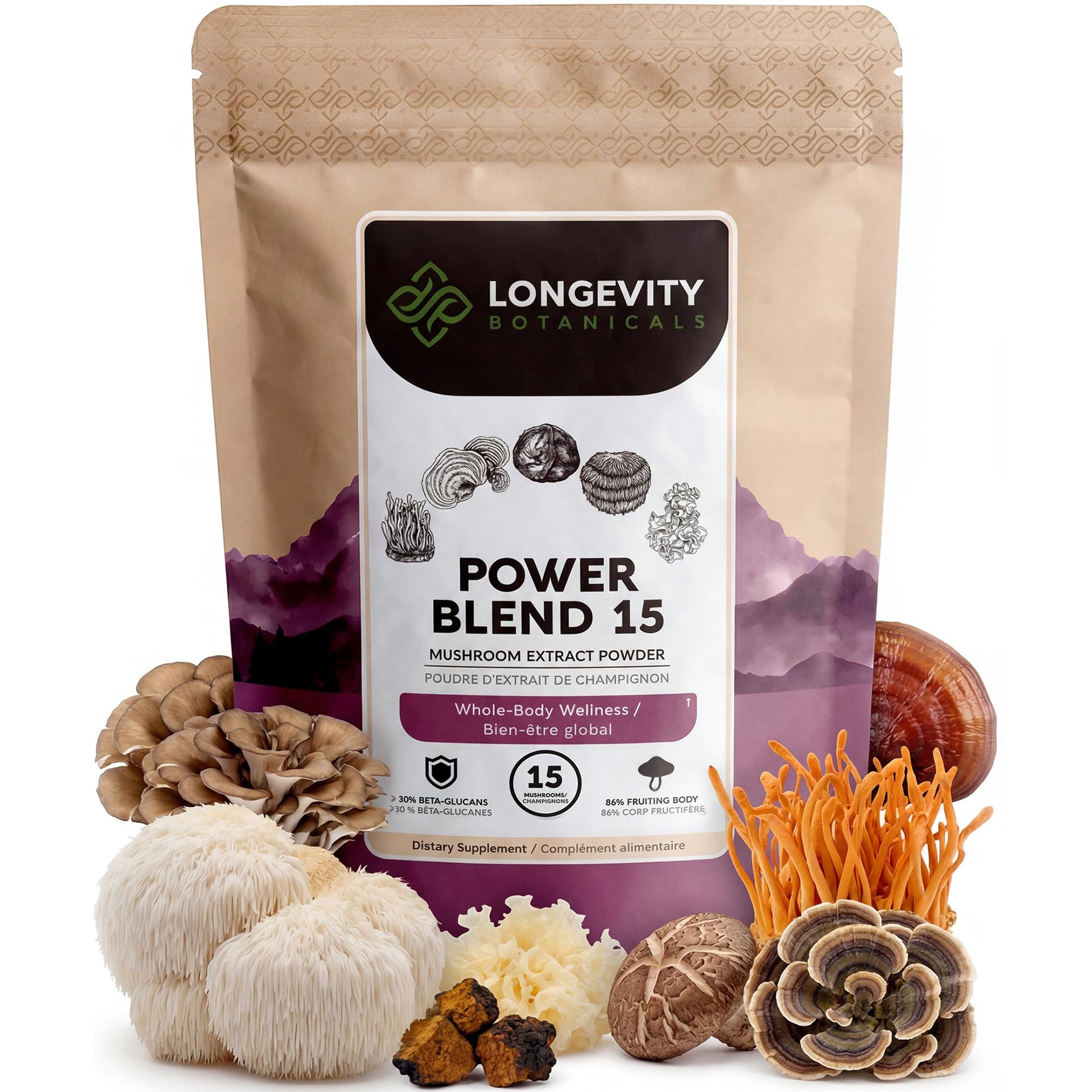 Longevity Botanicals Power 15 Mushroom Blend Powder 3.53 Ounce