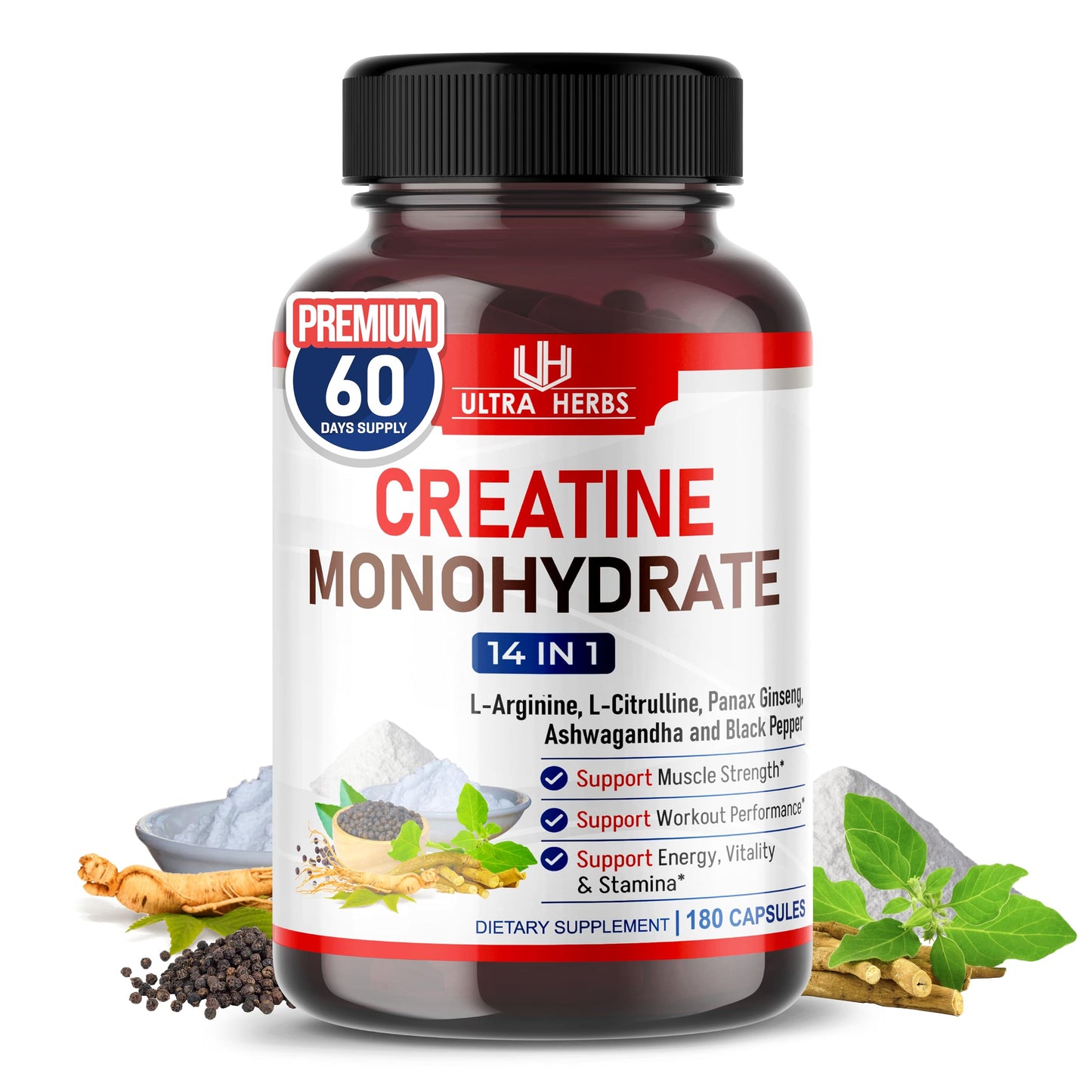 ULTRA HERBS Creatine Monohydrate Capsules, 180 Count