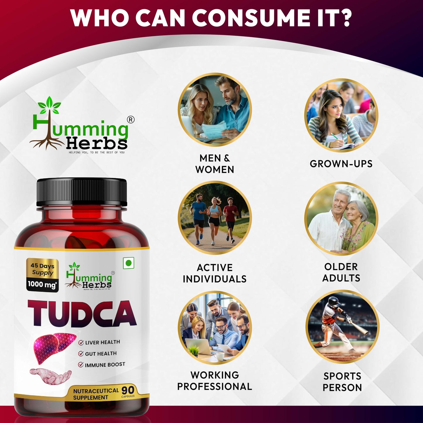 Humming Herbs TUDCA 1000 mg Tauroursodeoxycholic Acid Supplement, 90 Capsules
