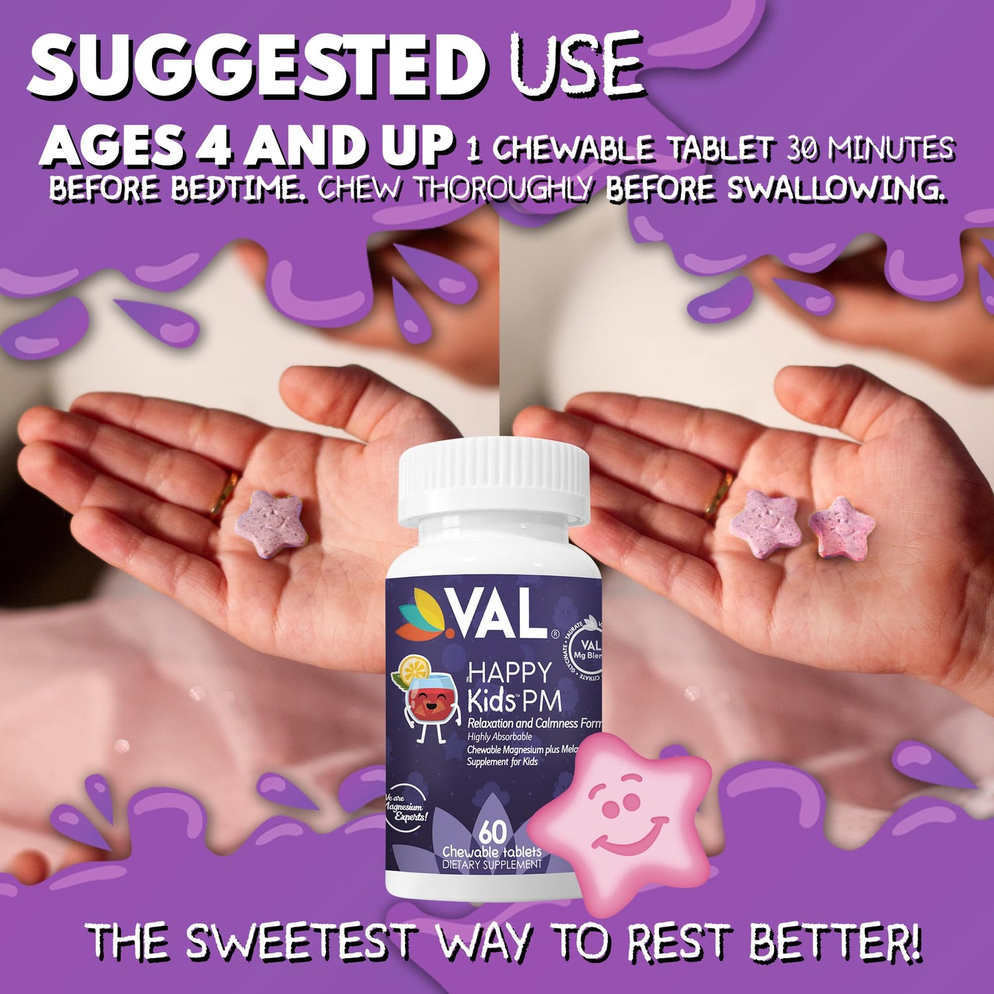 VAL Happy Kids PM – Sugar-Free Chewable Magnesium with Melatonin Tablet, 60 Count