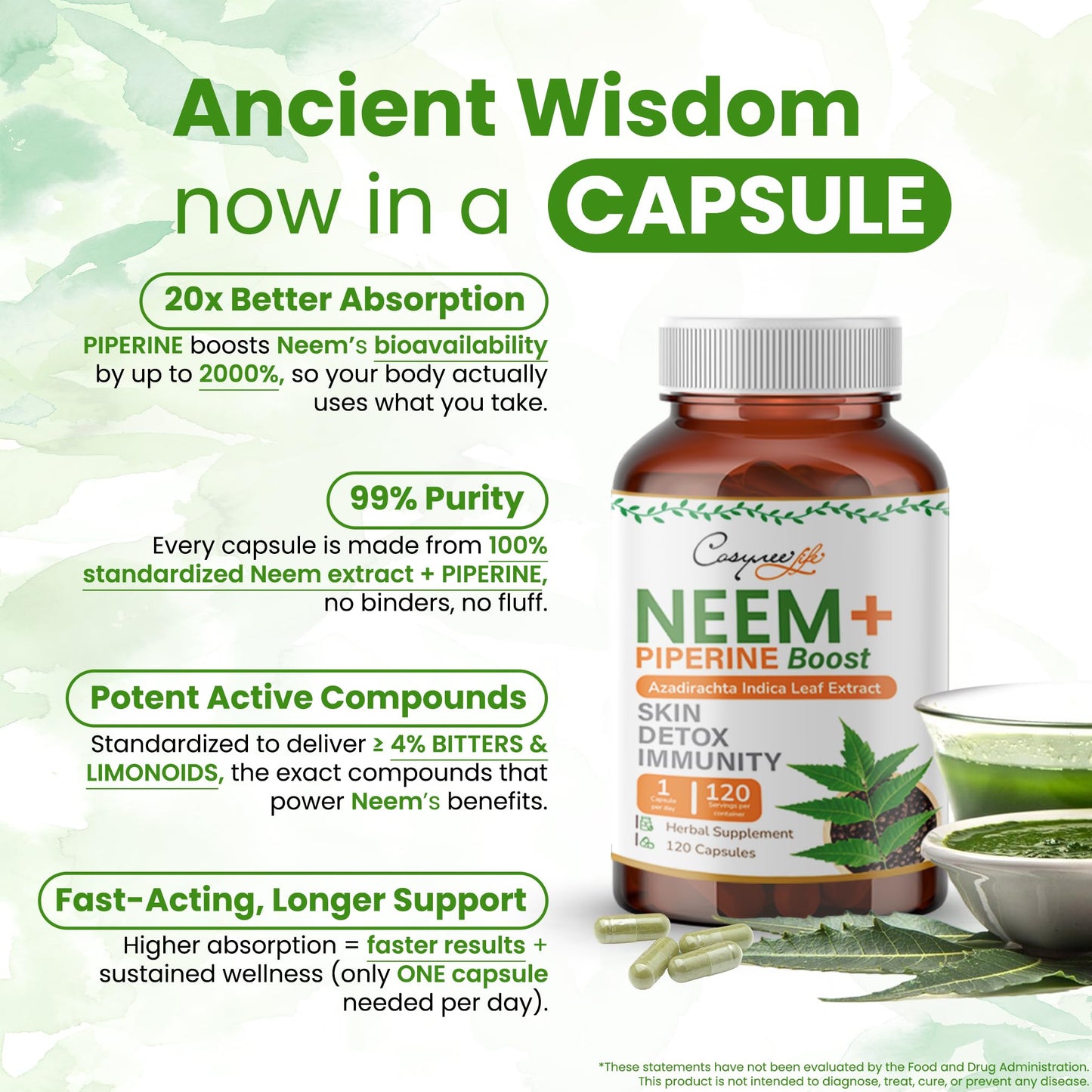 Cosynee Life Organic Neem Leaf Extract Capsules, 120 Count