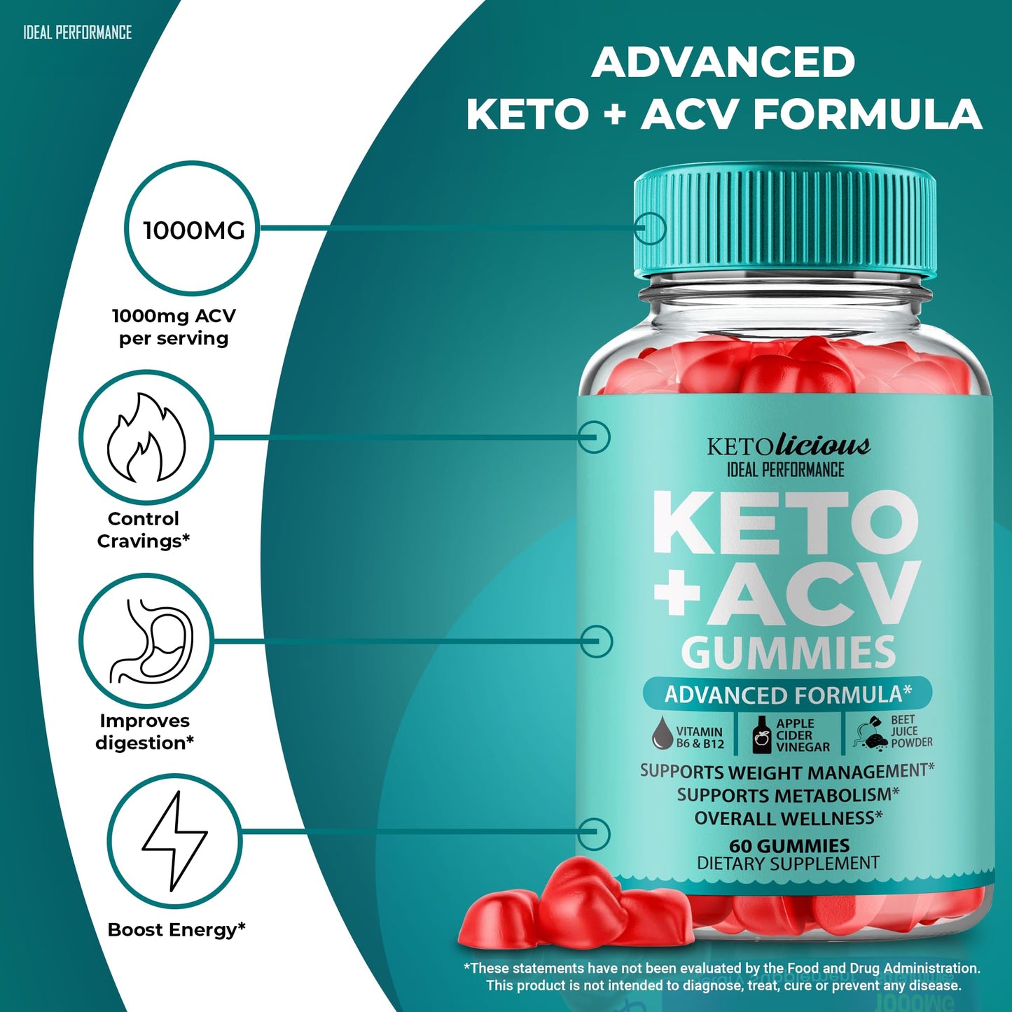 IDEAL PERFORMANCE Ketolicious Keto ACV Gummies, Extra Strength 1000mg, 120 Count