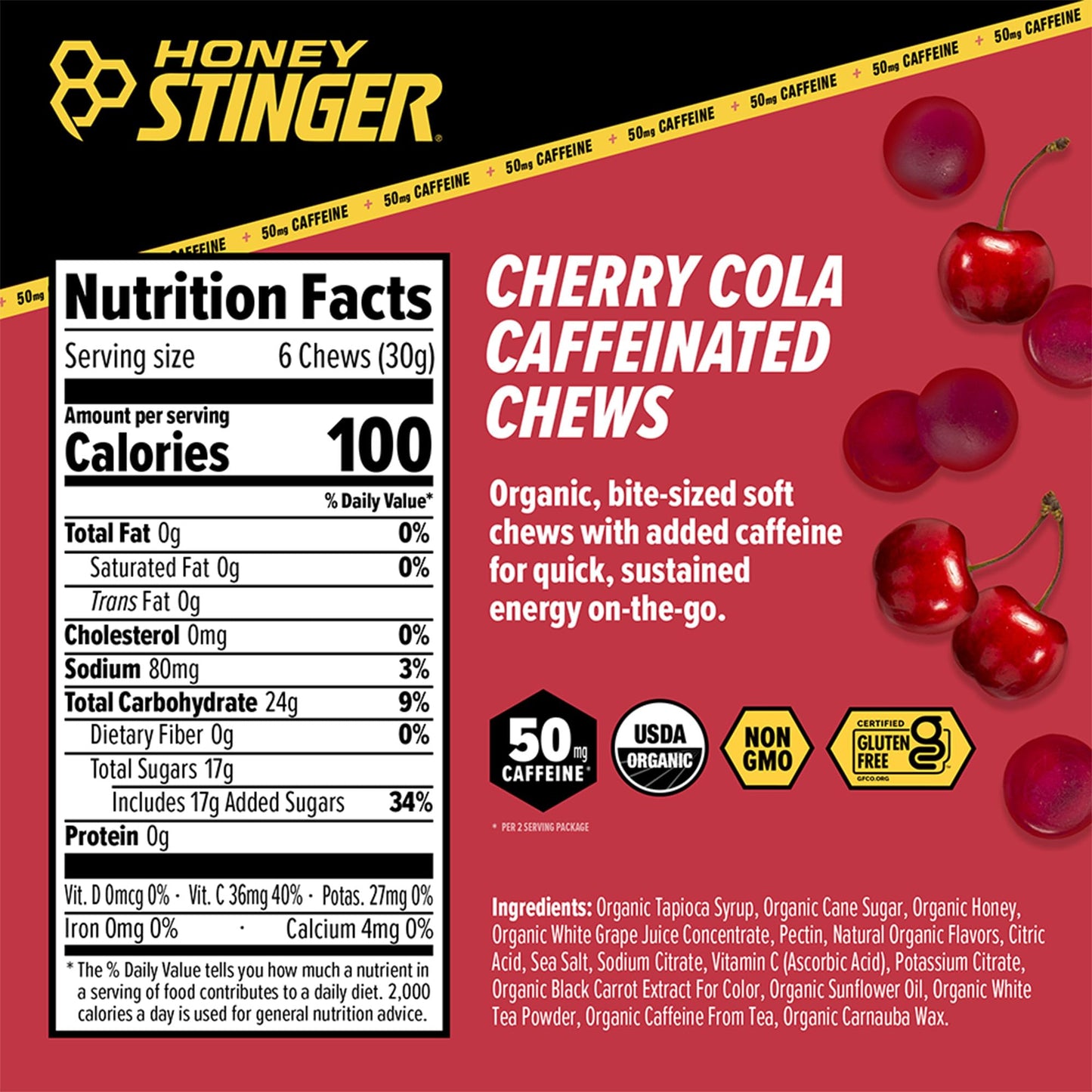 Honey Stinger Cherry Cola Caffeinated Energy Chews Chewable, 12 Count