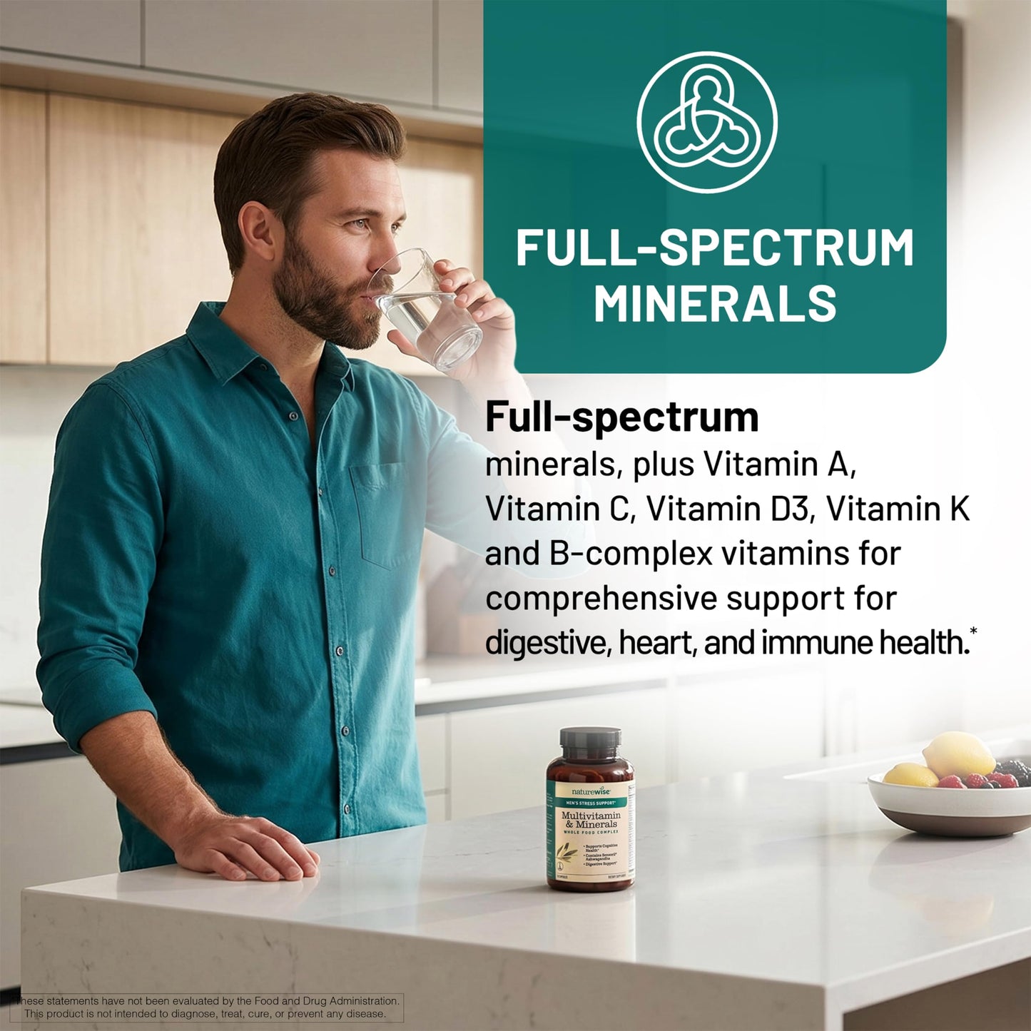 NatureWise Multivitamin for Men + Stress Support + Fulvic Ionic Minerals + Probiotics for Immunity, Male Health, Digestion + Whole Organic Foods - Vegetarian, Non-GMO Capsules, 60 Count