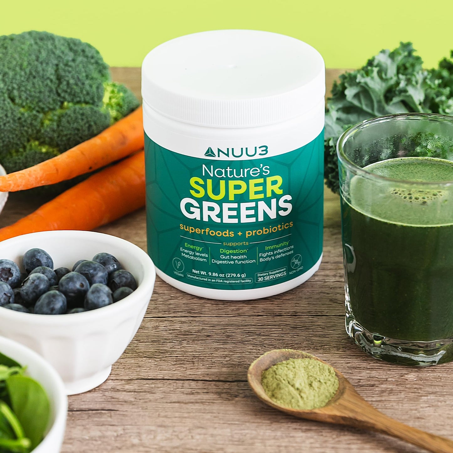 NUU3 Super Greens Superfoods + Probiotics - Immune Support, Improved Energy & Gut Health Digestive Enzymes - Boosts Immunity - 30 Servings, 9.86 oz Powder
