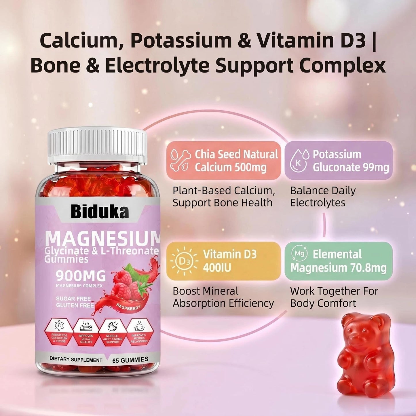 Biduka 900mg Magnesium Glycinate Gummies, 65 Count