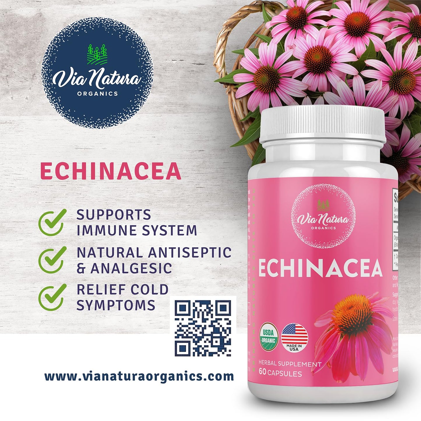 Via Natura Organics Echinacea Supplement 60 Capsules