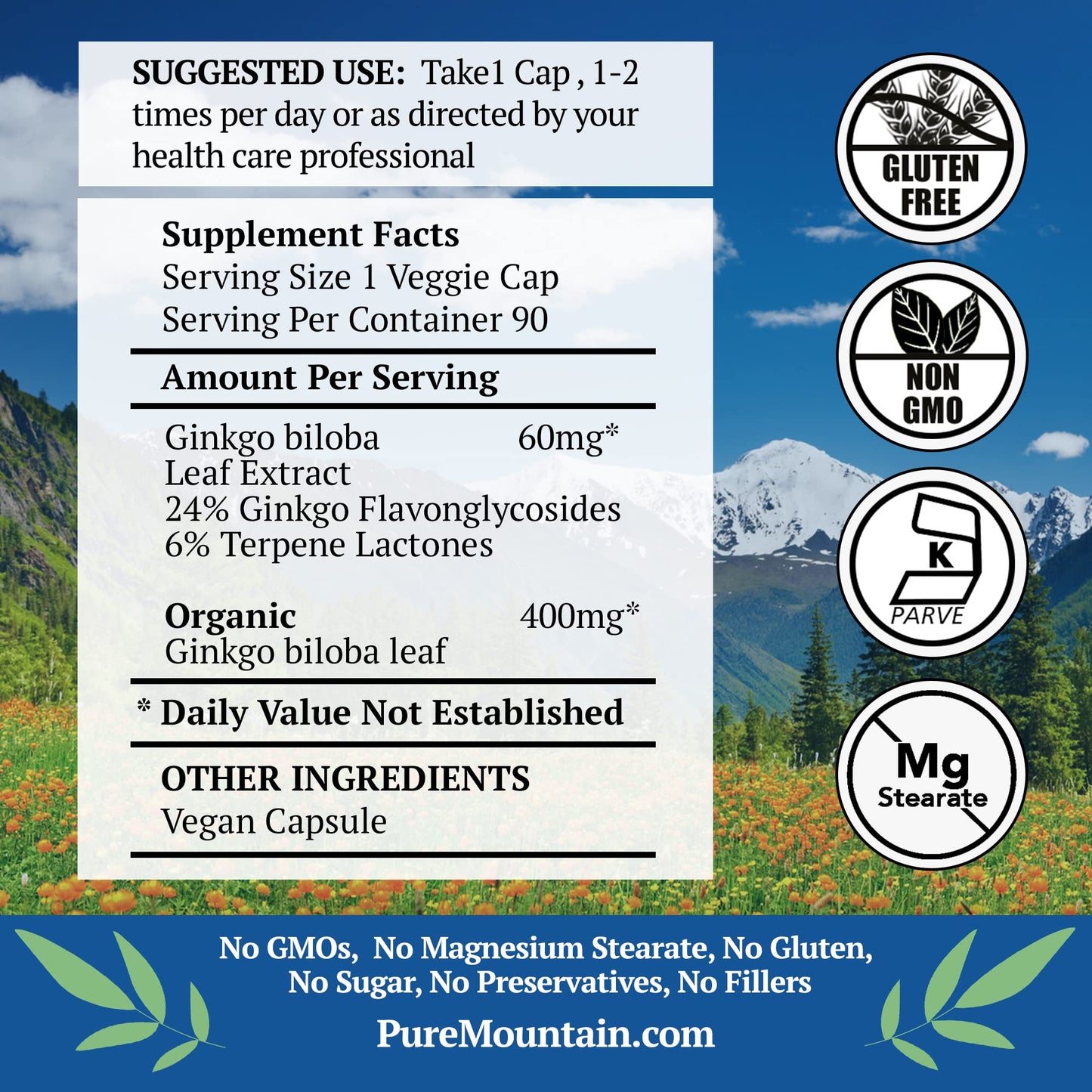 Pure Mountain Botanicals Ginkgo Biloba Capsules 400mg, 90 Count