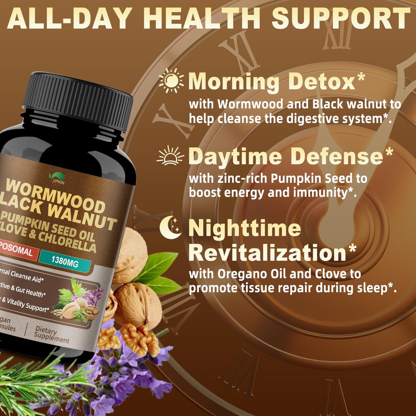 VPKIN Wormwood Black Walnut Clove Cleanse 18-in-1 Liposoma Herbal Gut Health & Digestive Support with Pumpkin Seed, Oregano, Bromelain, Fennel & Turmeric, Vegan Non-GMO, 120 Capsules