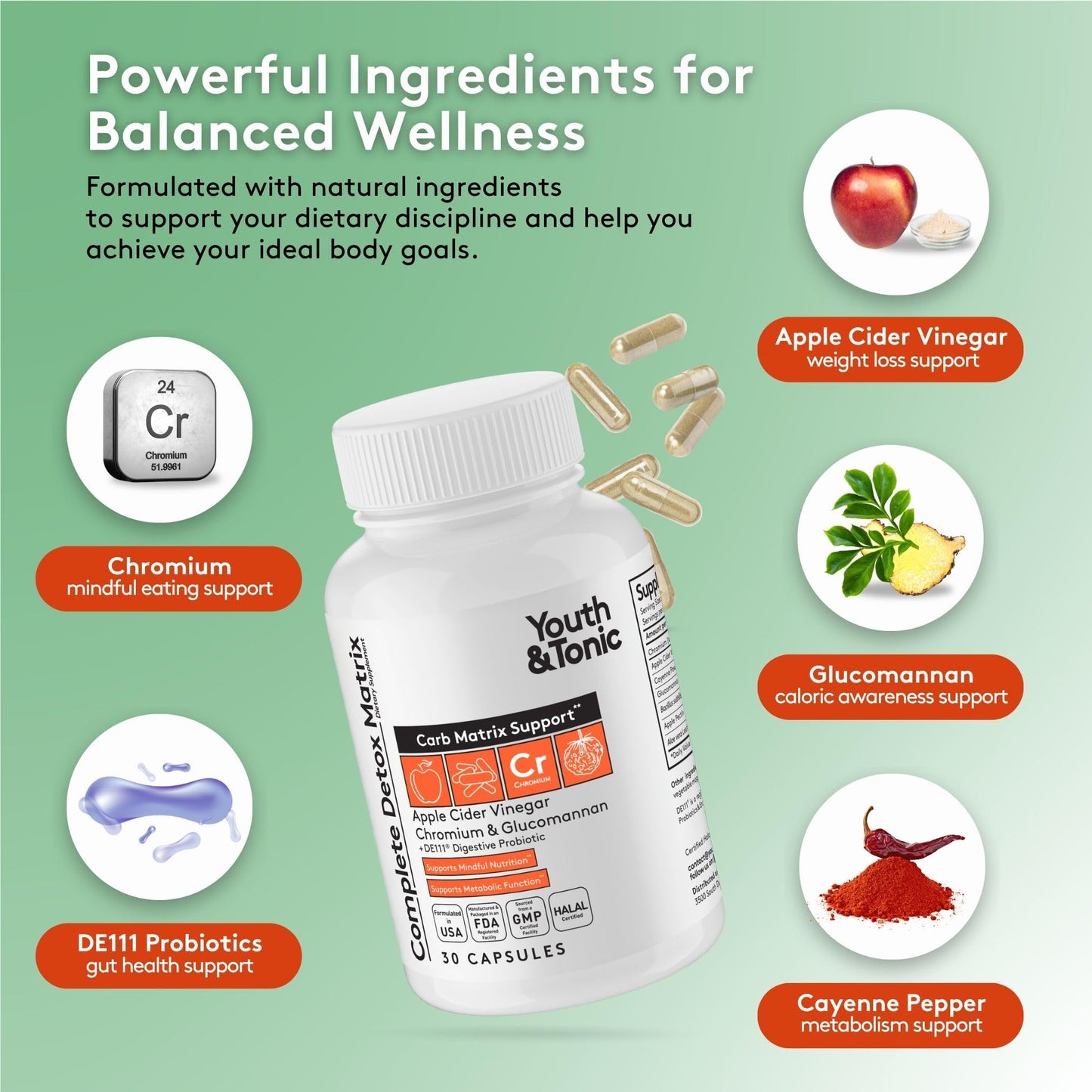 Youth & Tonic Balanced Detox Pills with ACV, Glucomannan & Chromium for Complete Gut Cleanse & Carb Matrix Support Capsules, 30 Count