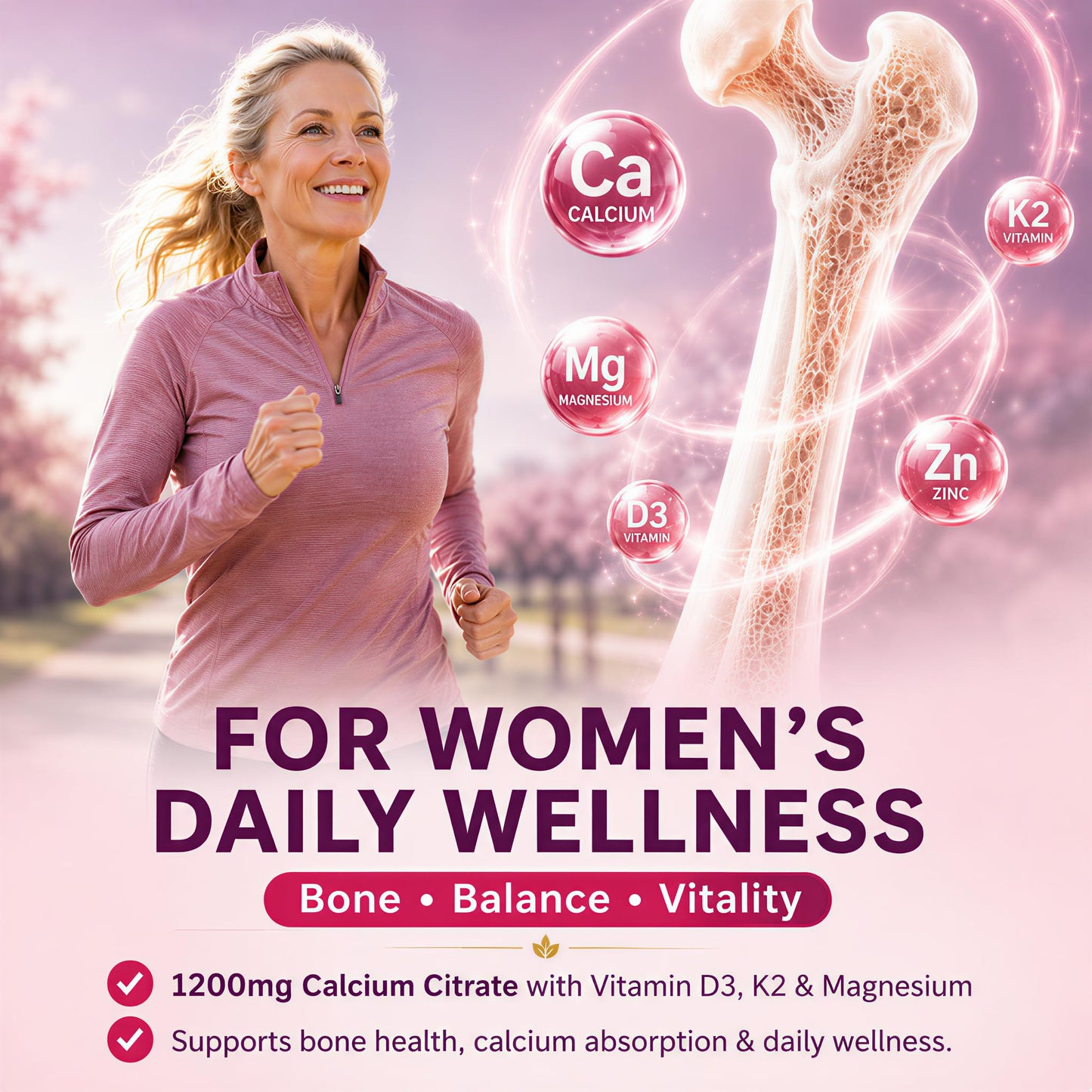 RUNUAN 40+ Women's Calcium Citrate Gummies 1200mg with Magnesium Zinc D3 K2 B12 B6, 120 Gummies