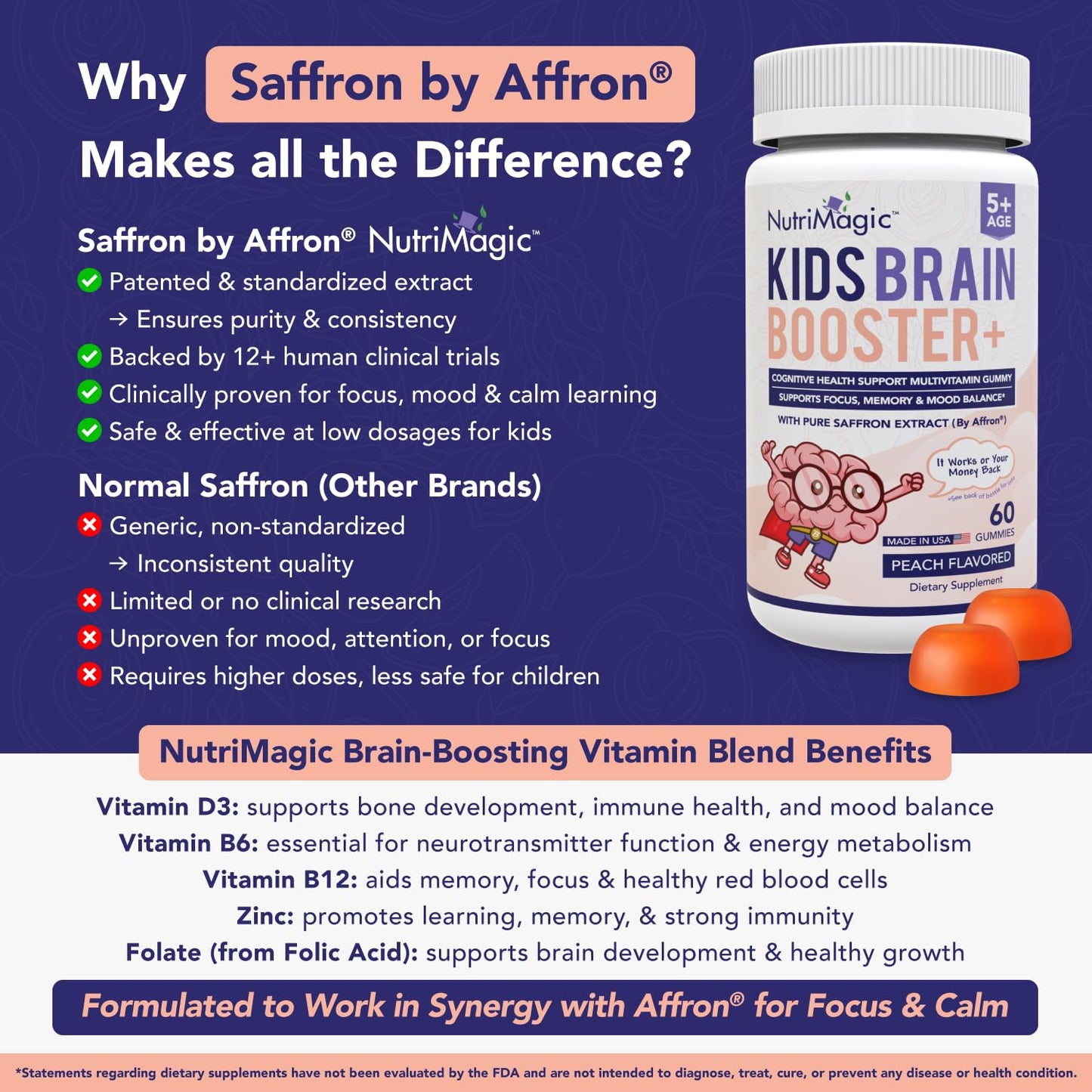 NutriMagic Kids Brain Booster+ 30mg Saffron-Based Multivitamin Gummies, 120 Count