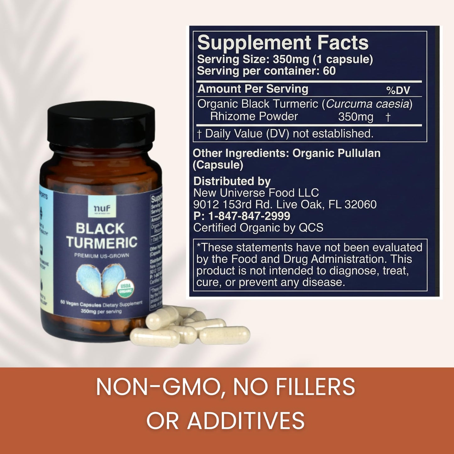 New Universe Food NUF Organic Black Turmeric 350mg Whole Root Vegan, 60 Capsules