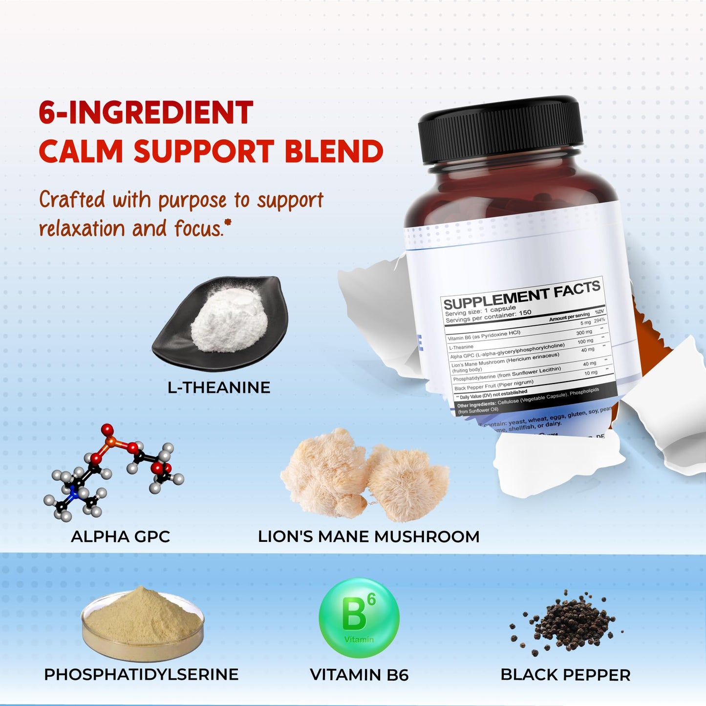PEAKPURY Premium L-Theanine, Alpha-GPC, Lion’s Mane & Phosphatidylserine – Cognitive & Mental Focus Support Supplement Capsule, 150