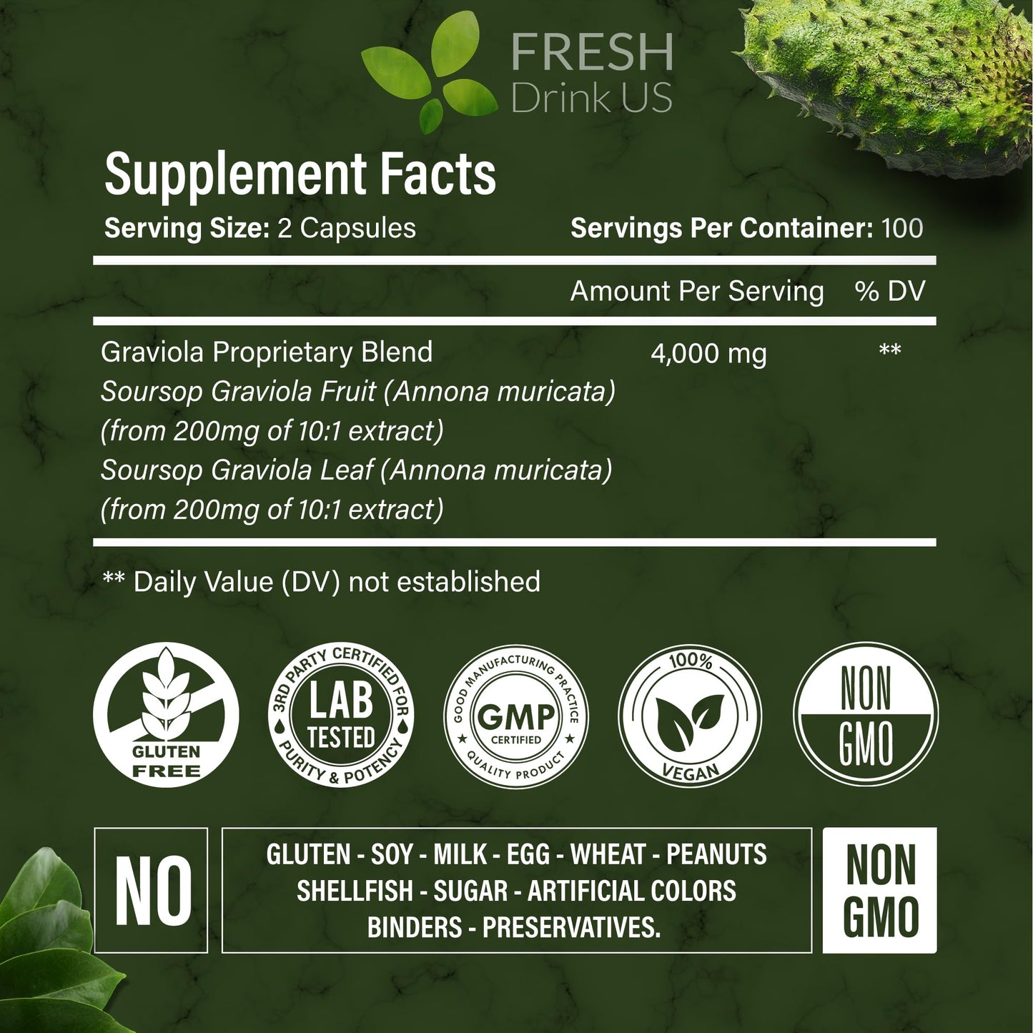 FRESHDRINKUS Premium Soursop Capsules, 200 Count
