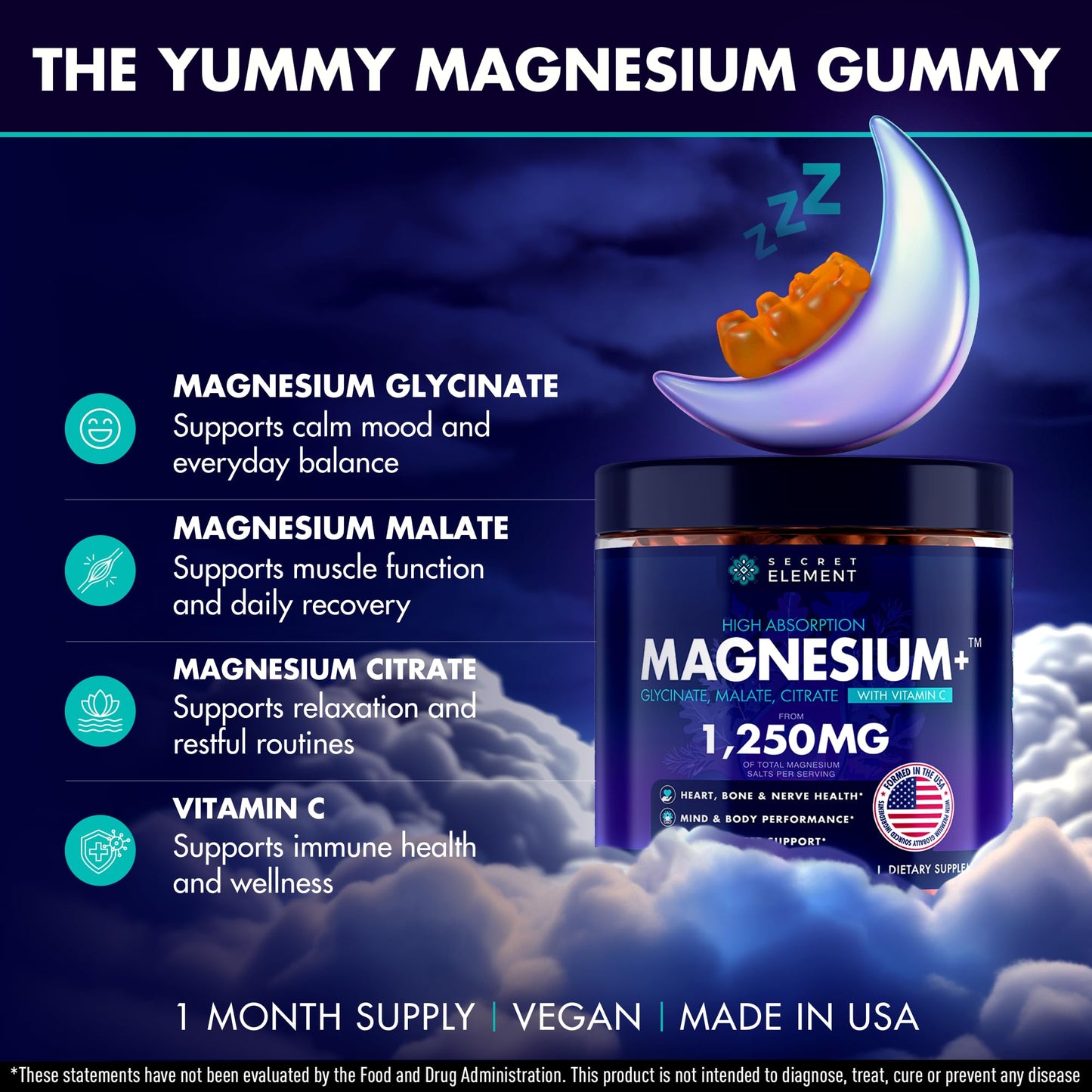 Secret Element Magnesium Glycinate 1250MG Gummies, 60 Count
