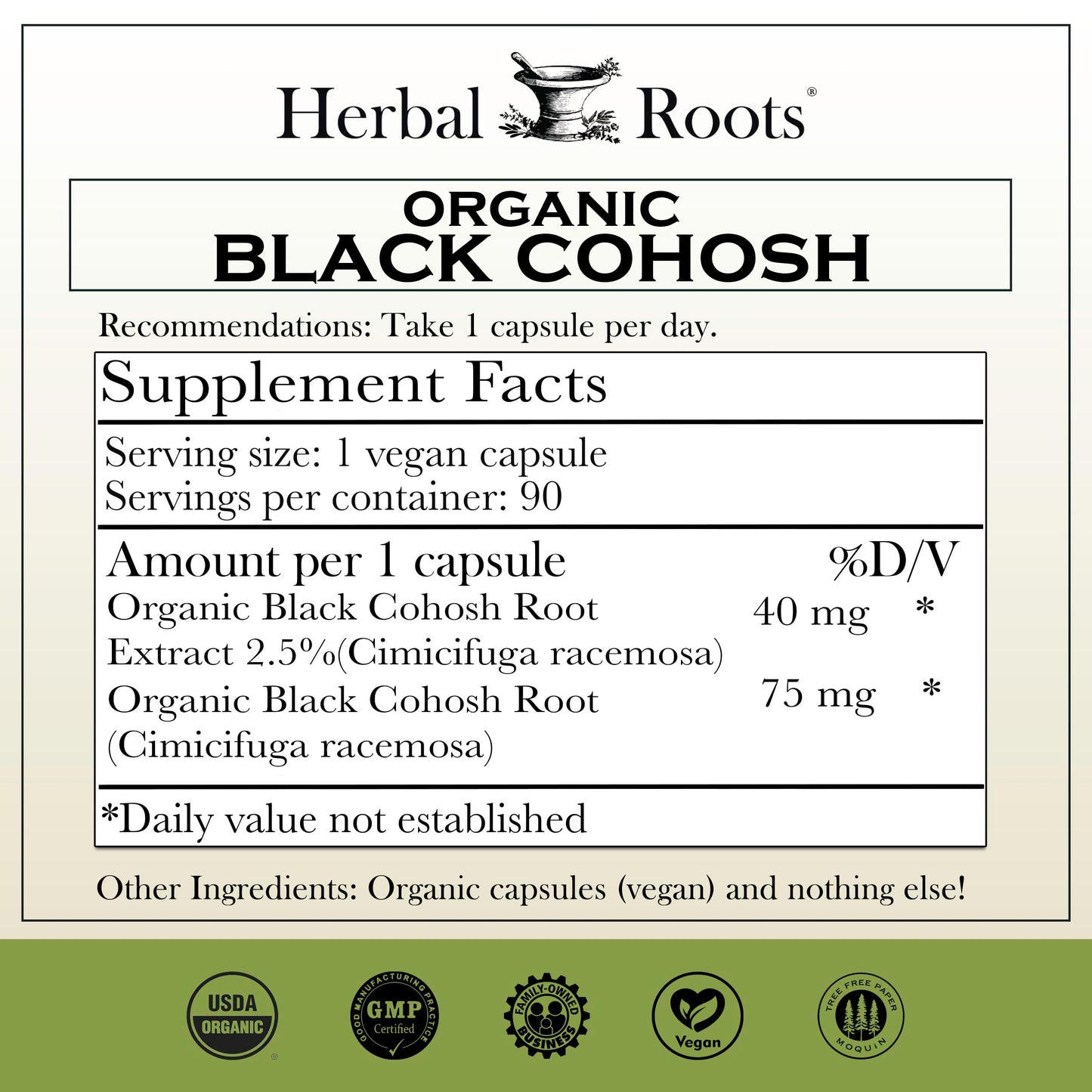 Herbal Roots Organic Black Cohosh Root Capsules Vegan Capsules, 60 Count