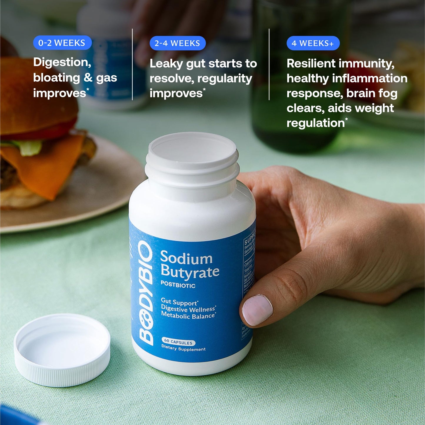 BodyBio Butyrate Postbiotic for Gut Health, Digestive Support - Leaky Gut Repair 60 Capsules