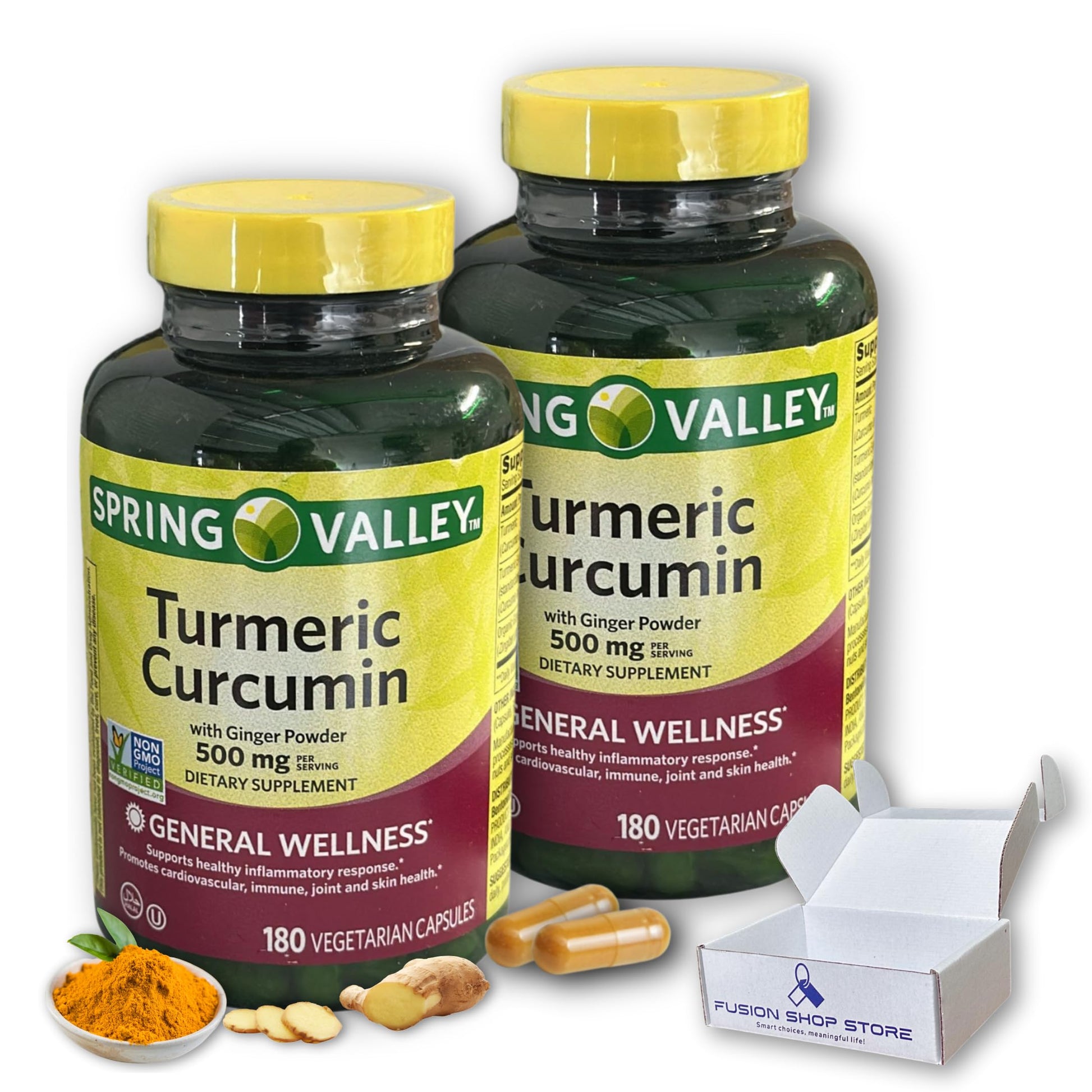 Fusion Shop Store Turmeric Curcumin with Ginger Powder 500mg Vegetarian Capsules, 180 Capsules