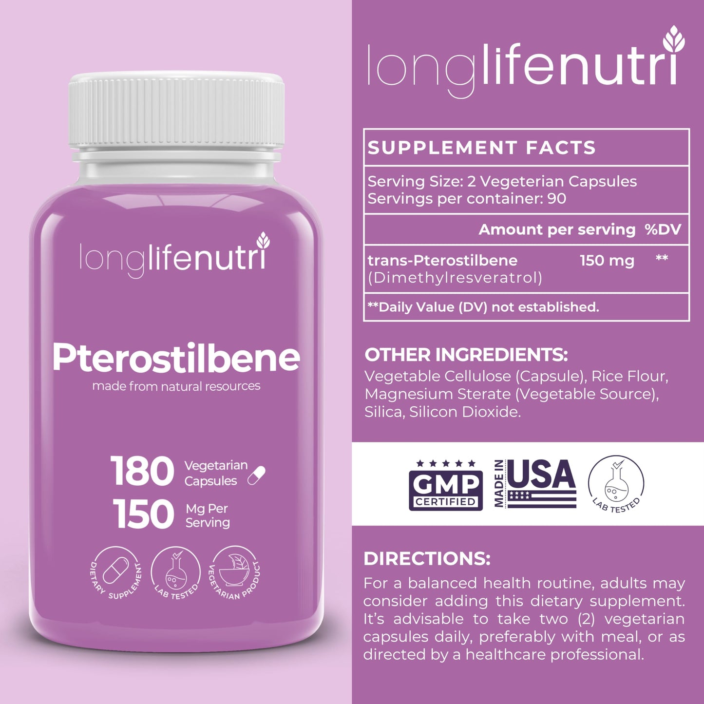 LongLifeNutri Pterostilbene Supplement 150mg Capsules, 180 Count