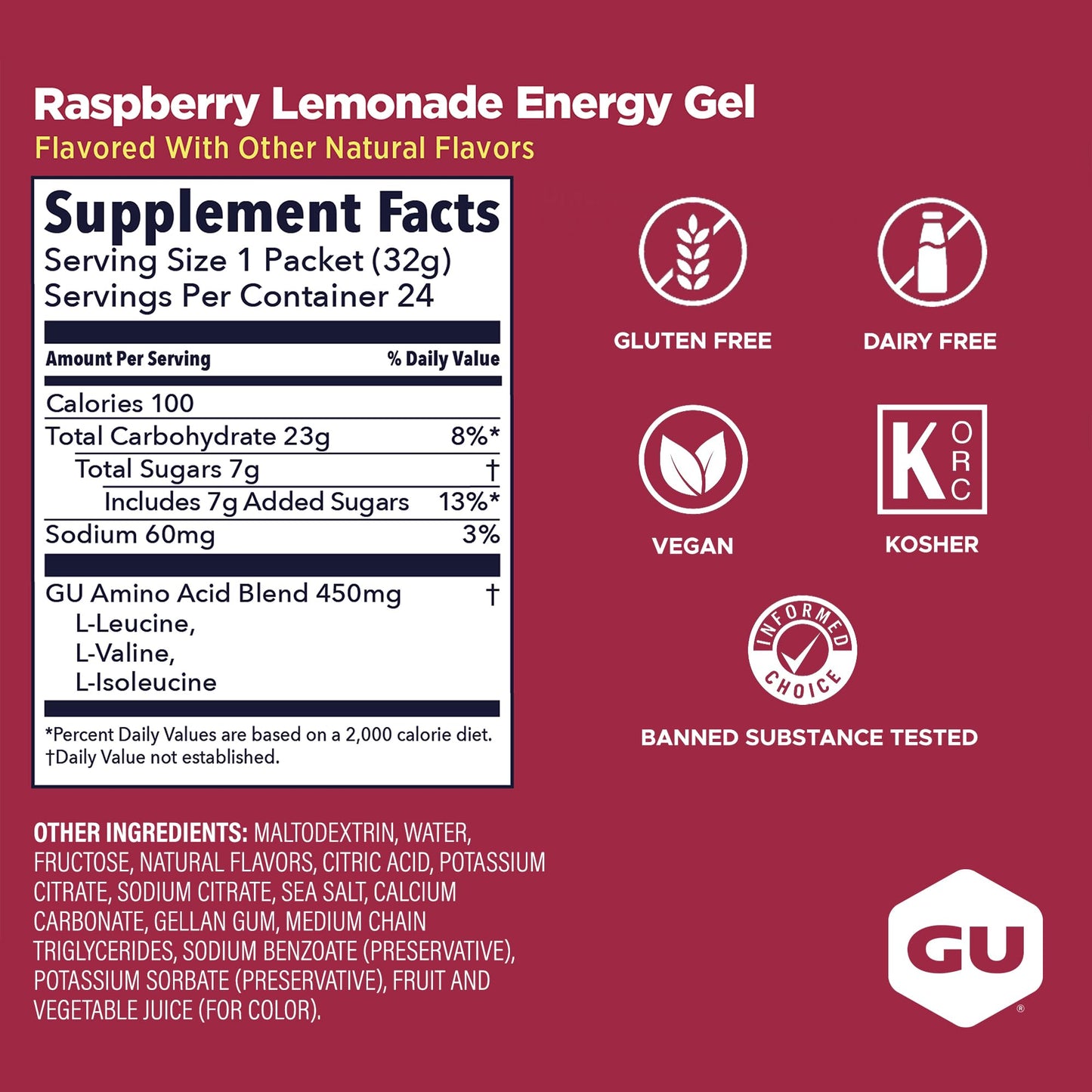 GU Energy Original Sports Nutrition Energy Gel, Vegan, Gluten-Free, Kosher, and Dairy-Free On-the-Go Energy for Any Workout, 24-Count, Raspberry Lemonade