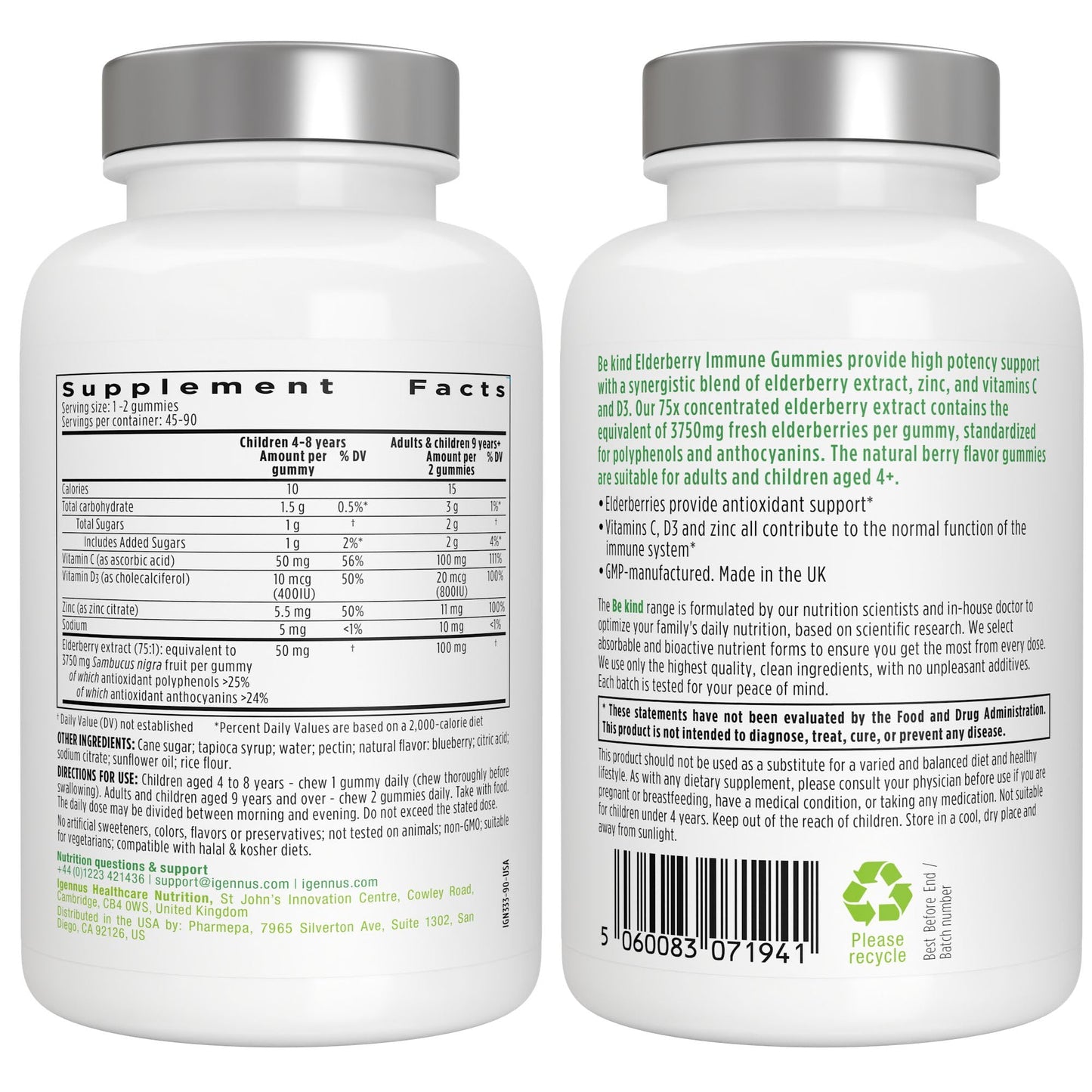 Igennus Healthcare Nutrition Advanced Elderberry Immune Gummies with Vitamin C, Zinc & D3, 4-in-1 Formula, 75:1 Concentration Standardized Extract, Natural Flavors, Clean Label, Vegetarian, Kids and Adults, 90 Gummies