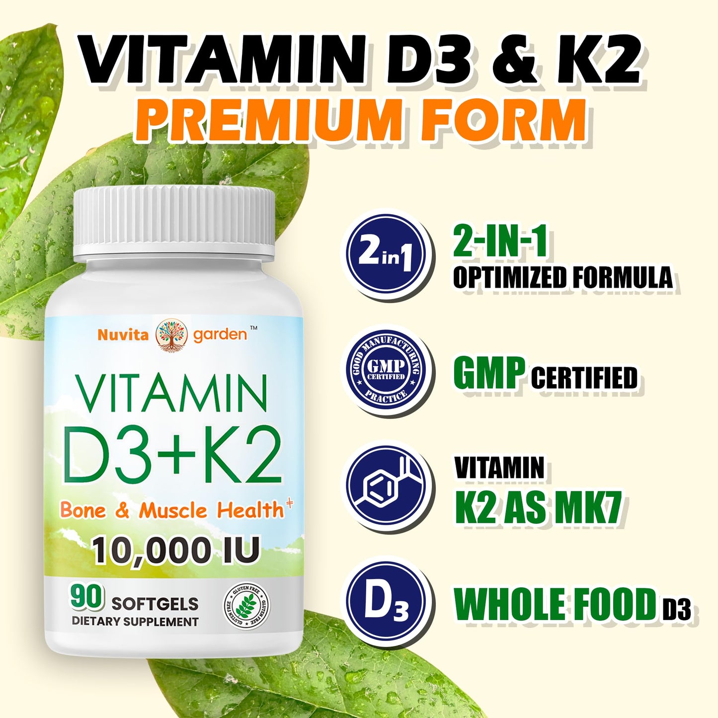 NoMiLu Vitamin D3 + K2 with Plant Based Vitamin D 10000IU & 200mcg Vitamin K2 as MK-7 - Max Absorption - Immune Support - 90 Softgels