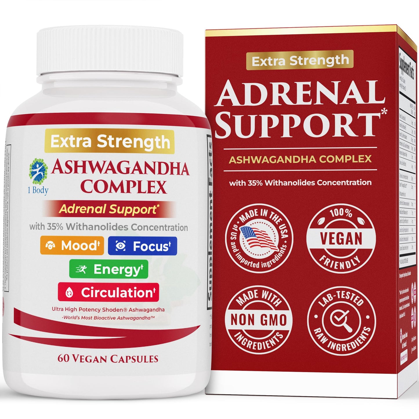 1 Body Adrenal Support Supplement – Ashwagandha Adrenal Complex for Stress, Energy & Mood – Adaptogens with Rhodiola, Eleuthero & B Vitamins – Adrenal Fatigue Support, 60 Capsules