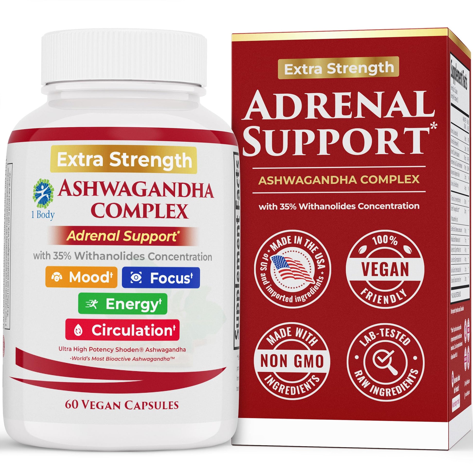 1 Body Adrenal Support Supplement – Ashwagandha Adrenal Complex for Stress, Energy & Mood – Adaptogens with Rhodiola, Eleuthero & B Vitamins – Adrenal Fatigue Support, 60 Capsules
