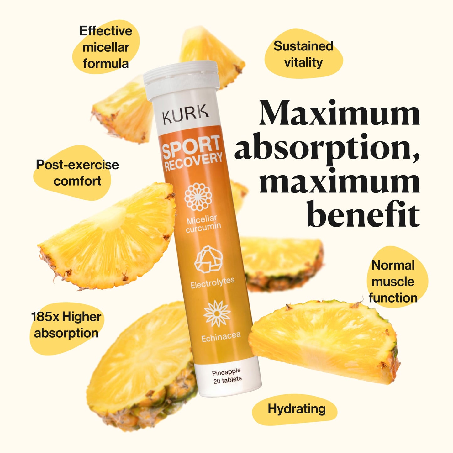 Kurk Sugar Free Electrolyte Tablets for Water, Hydration with Curcumin & Natural Ingredients, Pineapple, 185x More Absorbable Than Powders, 1 Tablet