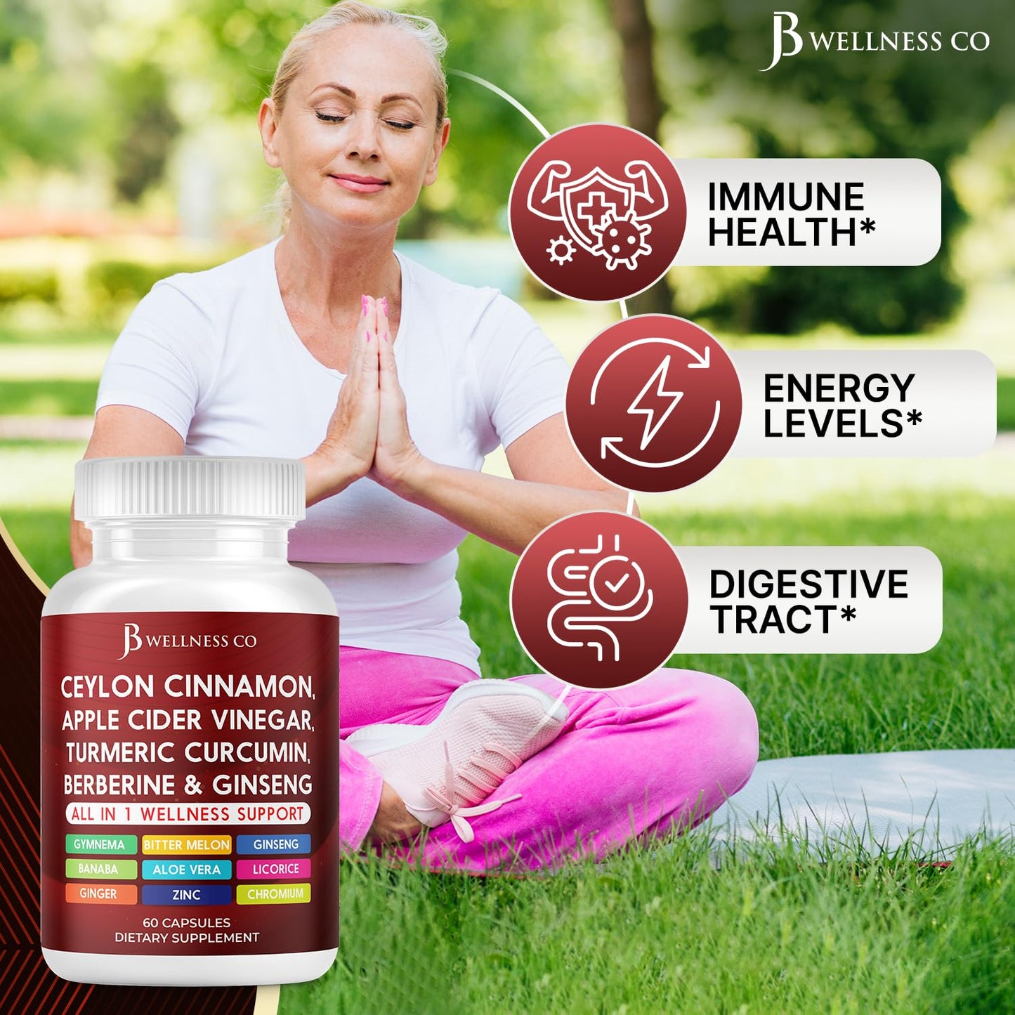 JB Wellness Co Ceylon Cinnamon Turmeric ACV Ginseng Aloe Vera Berberine Plus Banaba Ginger Root Capsules 180
