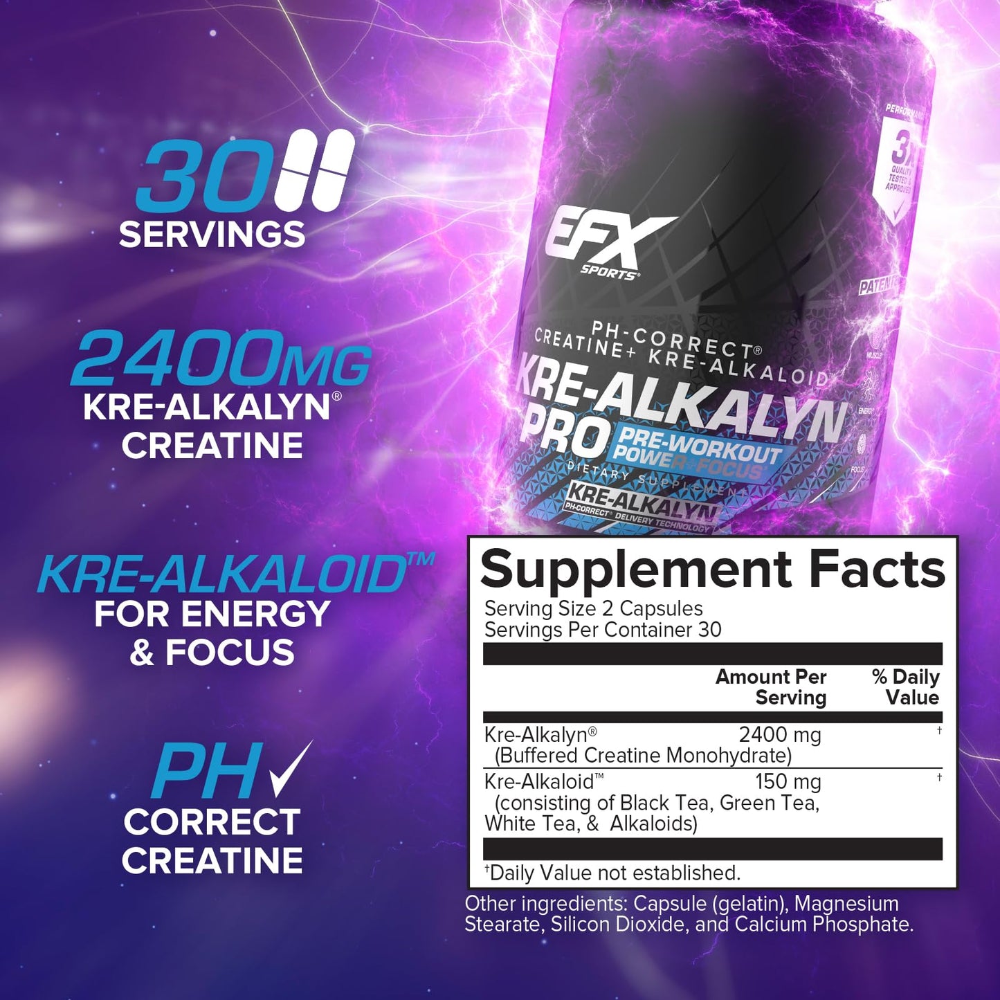 EFX Sports Kre-Alkalyn Pro pH Correct Creatine Monohydrate Capsules, 60 Capsules