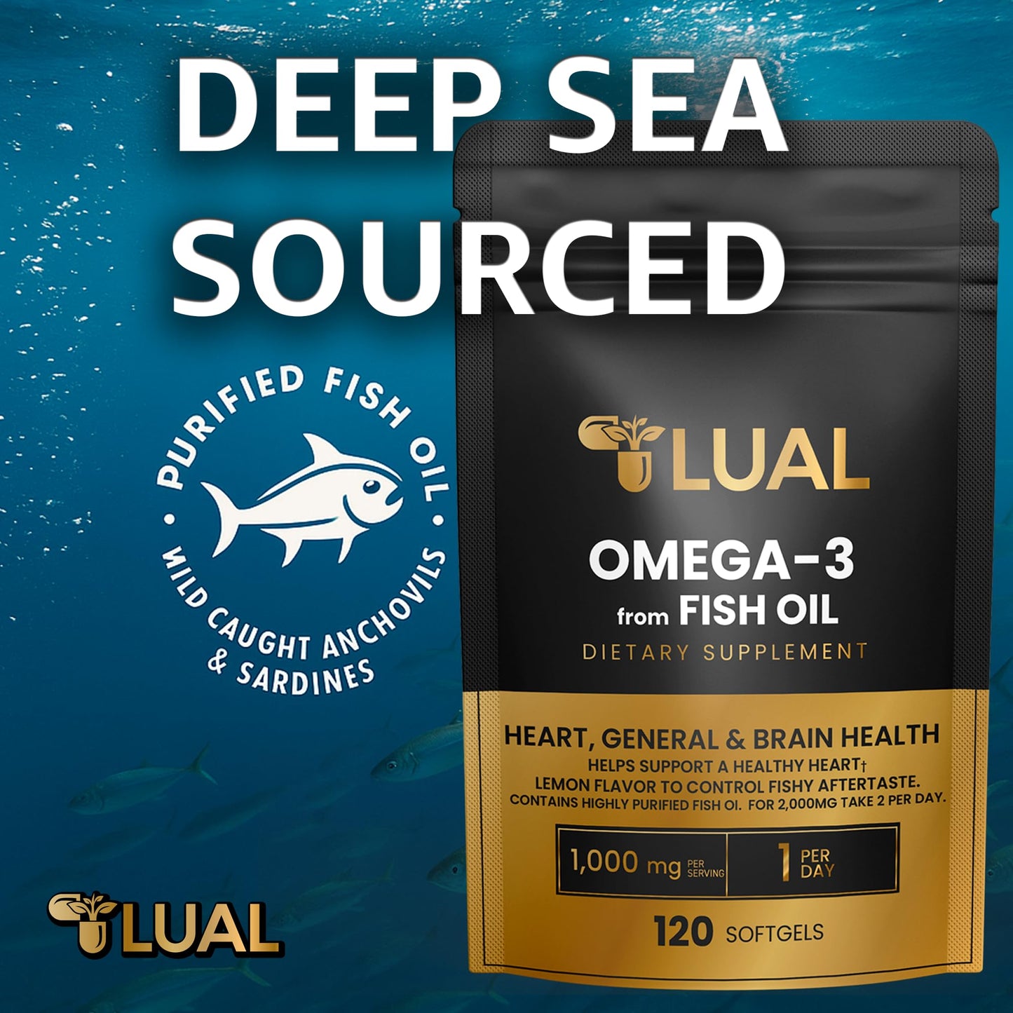LUAL Omega-3 Fish Oil Softgels 1000mg, EPA & DHA, Lemon Flavor, Burpless, Non-GMO, 120 Count