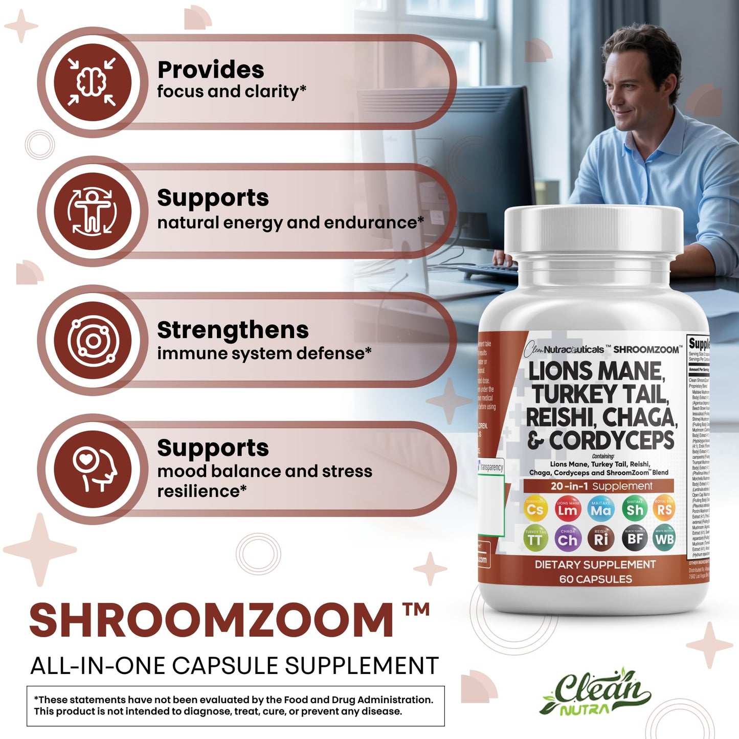 Clean Nutraceuticals Lions Mane 20in1 Mushroom Supplement with Turkey Tail Reishi Cordyceps Chaga Maitake Meshima Poria Cocos Shiitake Oyster Porcini Enoki, 60 Capsules