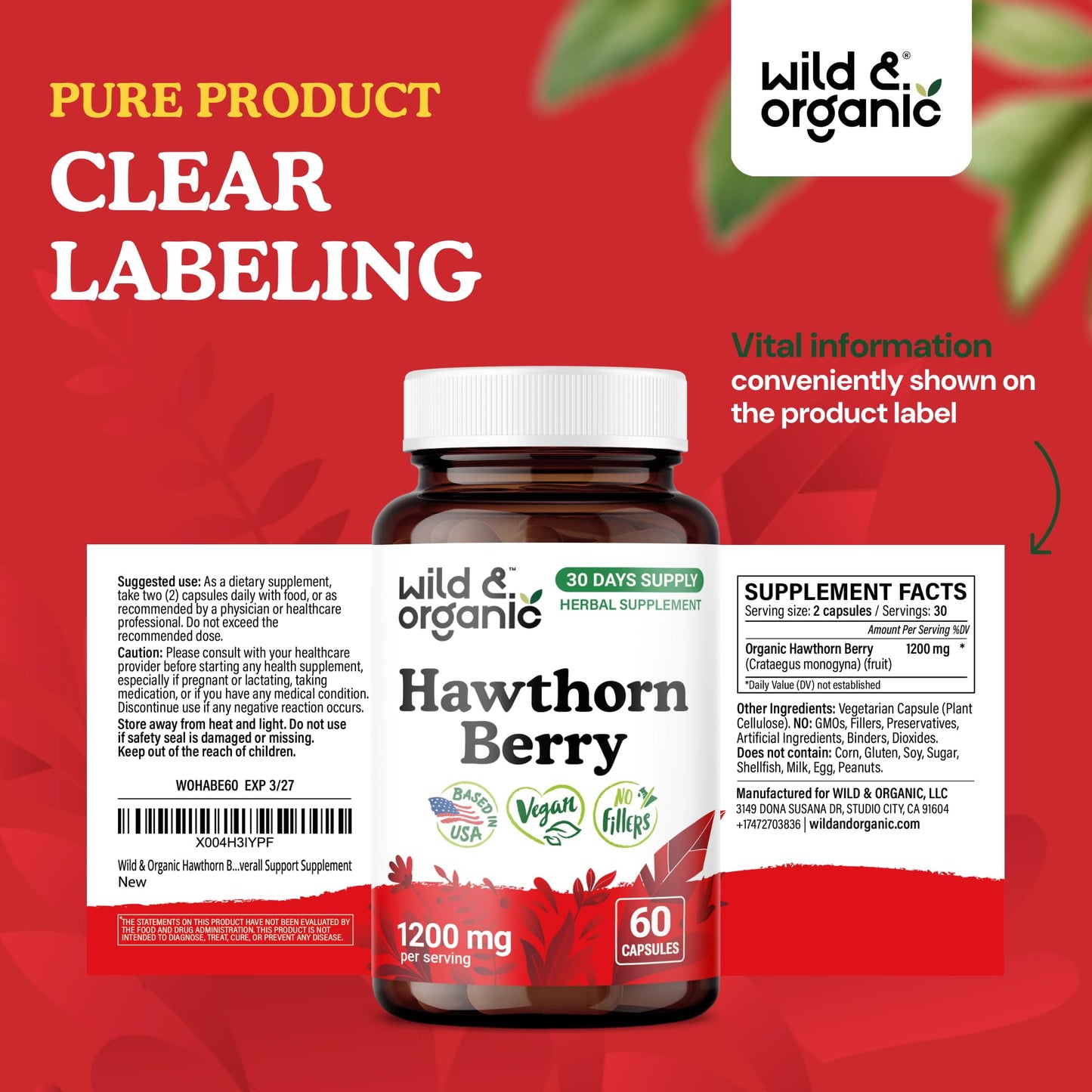 Wild & Organic Hawthorn Berry Capsules 1200 mg 60 Count