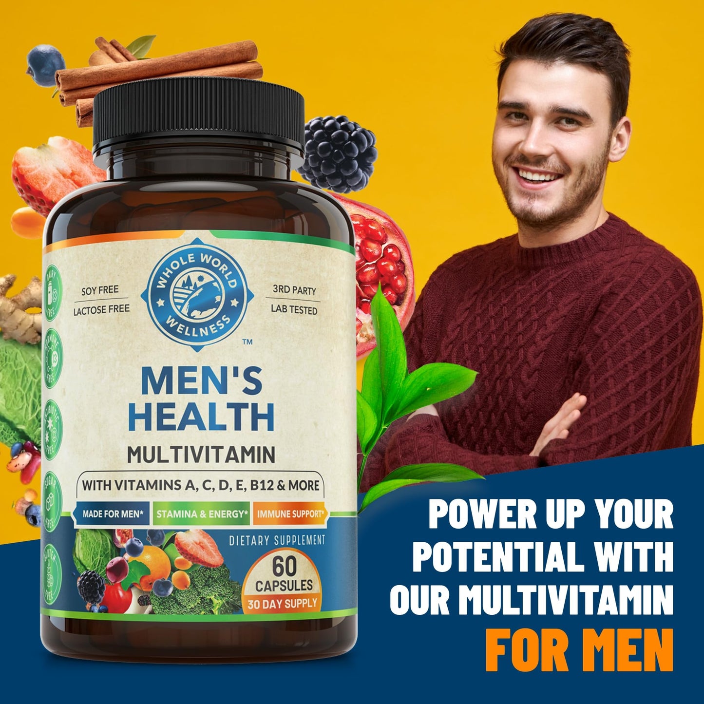 Whole World Wellness Mens Daily Multivitamin Multimineral Supplement for Energy, Focus, Stamina & Performance, Capsule, 60 Count