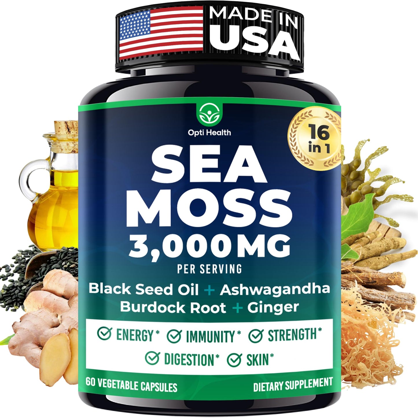 Opti Health Sea Moss Black Seed Oil Ashwagandha Ginger Advanced Irish Sea Moss Capsules 60 Count