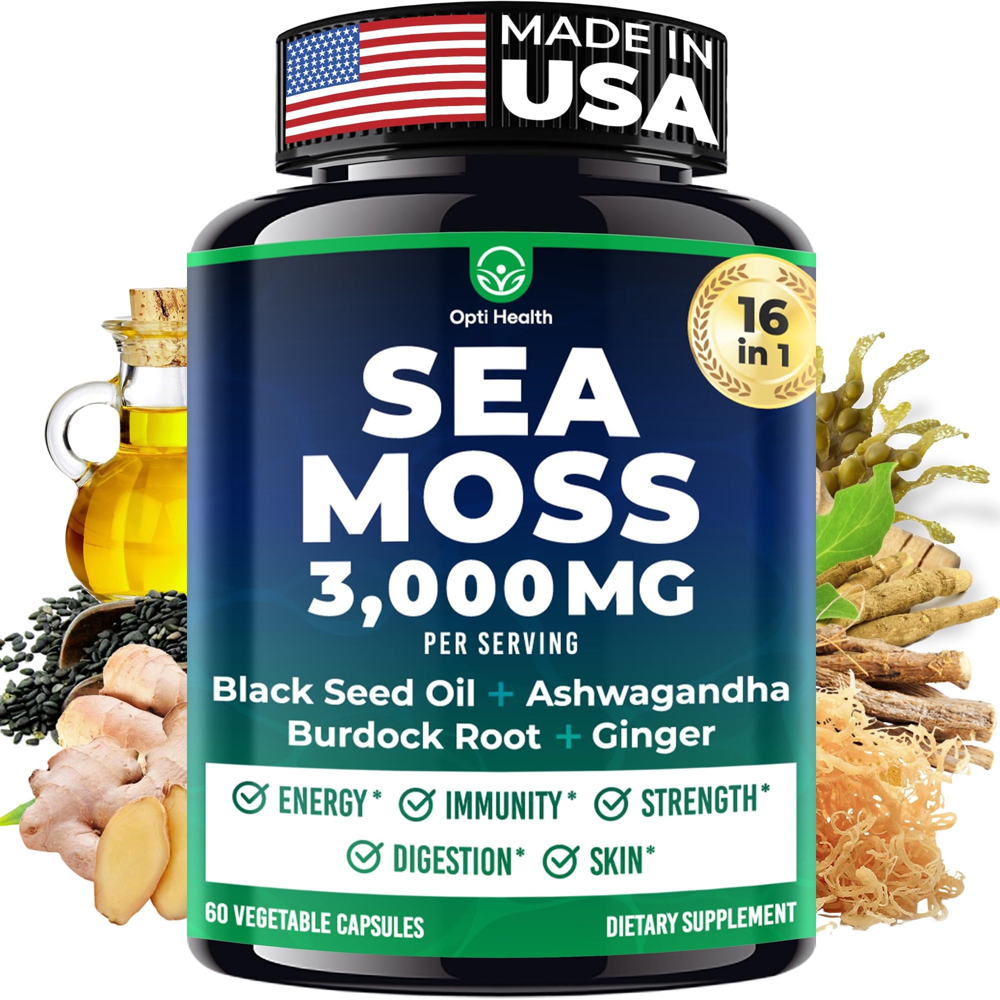 Opti Health Sea Moss Black Seed Oil Ashwagandha Ginger Advanced Irish Sea Moss Capsules 60 Count