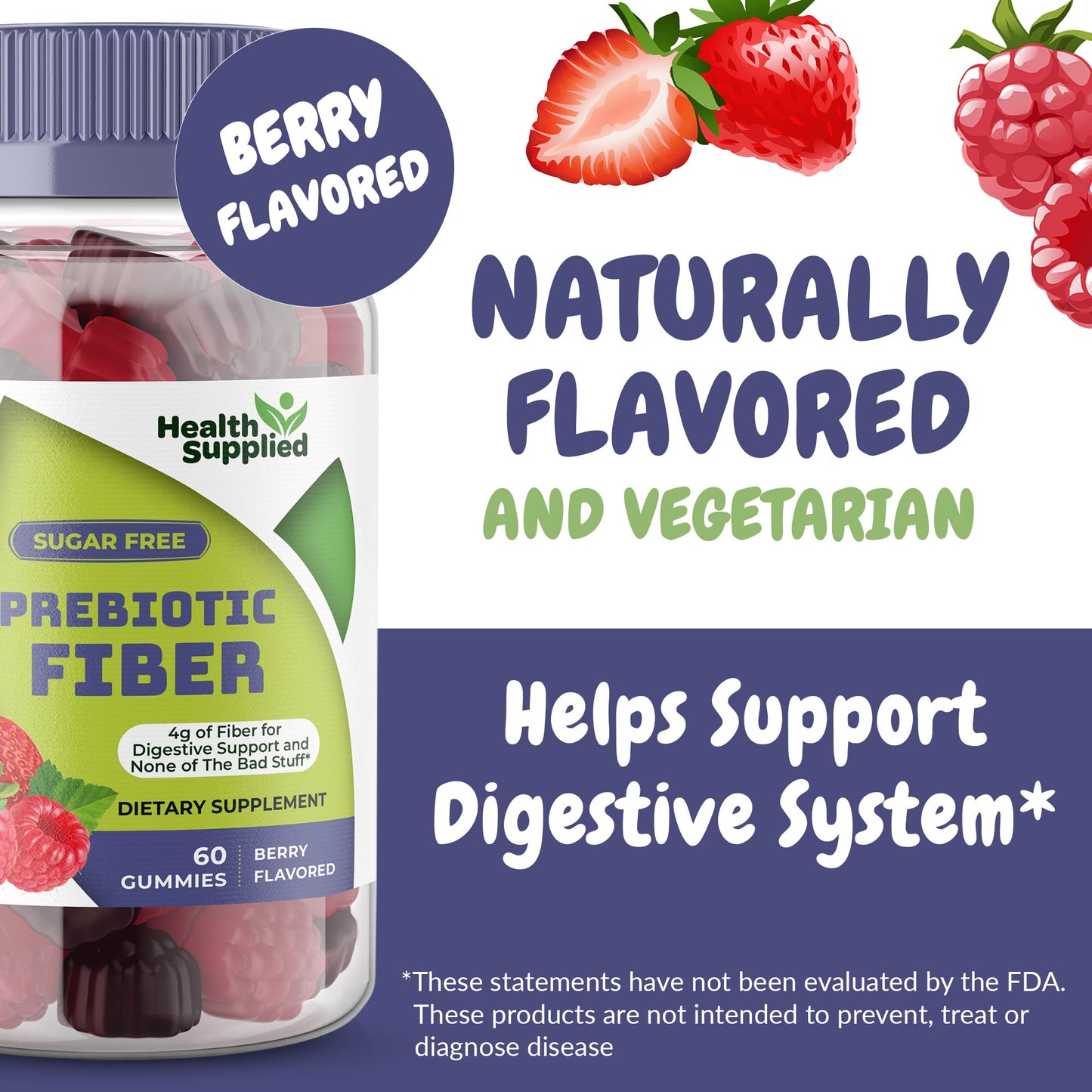 Health Supplied Mixed Berry Flavored Prebiotic Fiber Gummies 60 Count