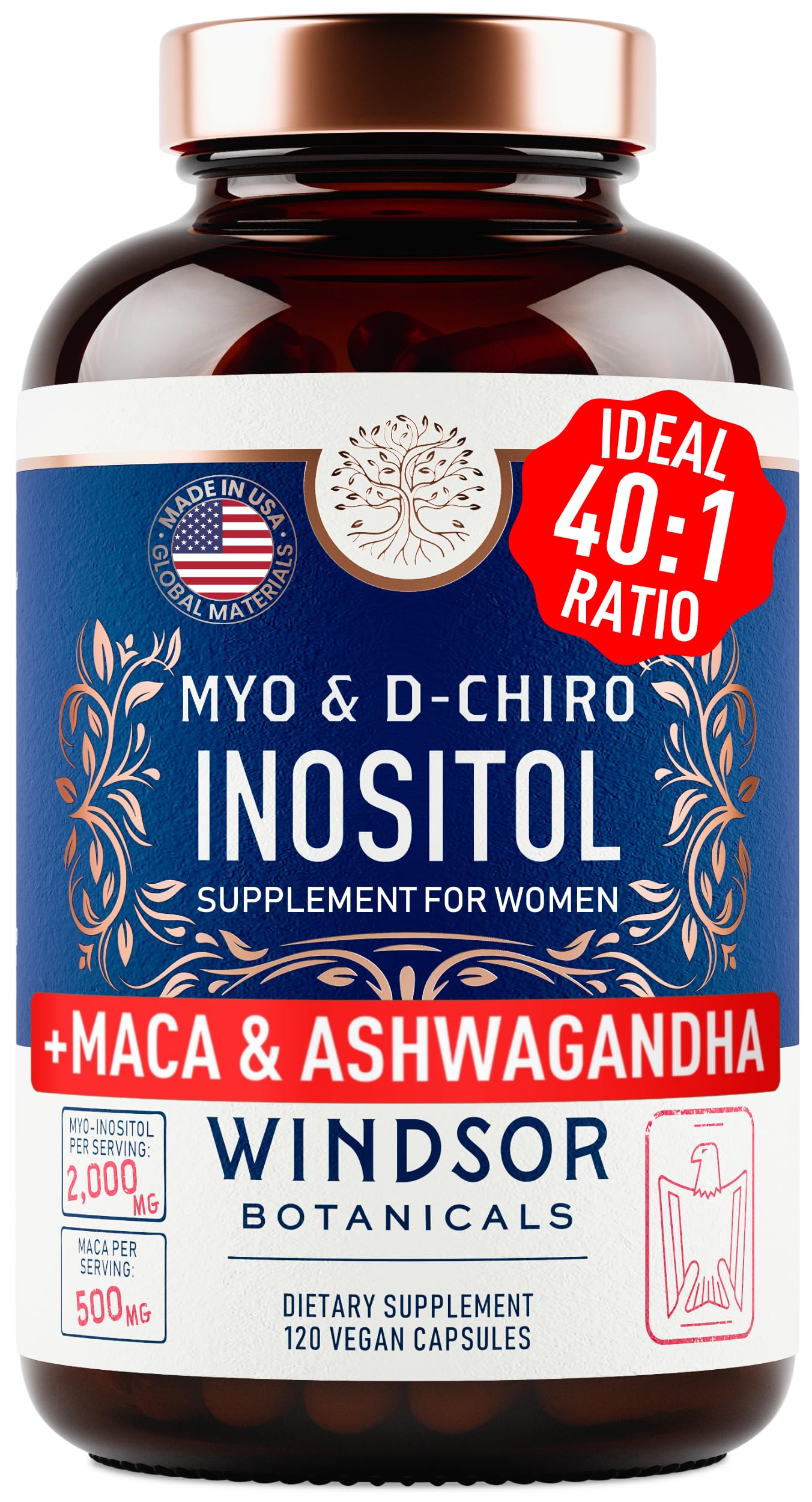 Windsor Botanicals Myo-Inositol & D-Chiro Inositol 40:1 Ratio with Maca Root & Ashwagandha 120 Capsules